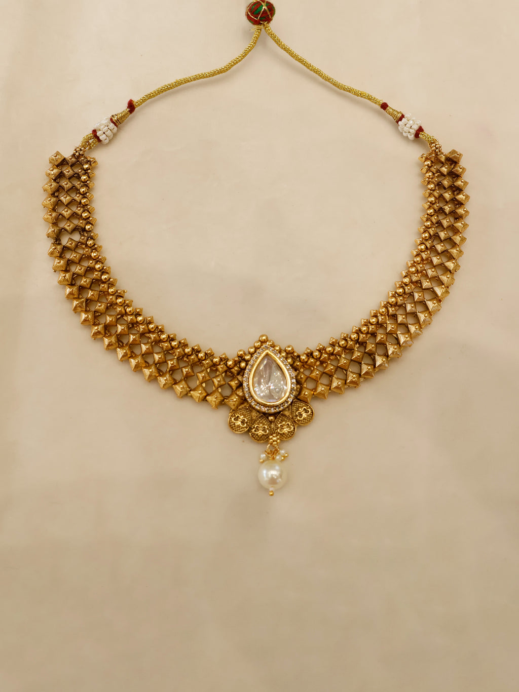 Aanura Antique Pearl Drop Kundan Choker Necklace Set