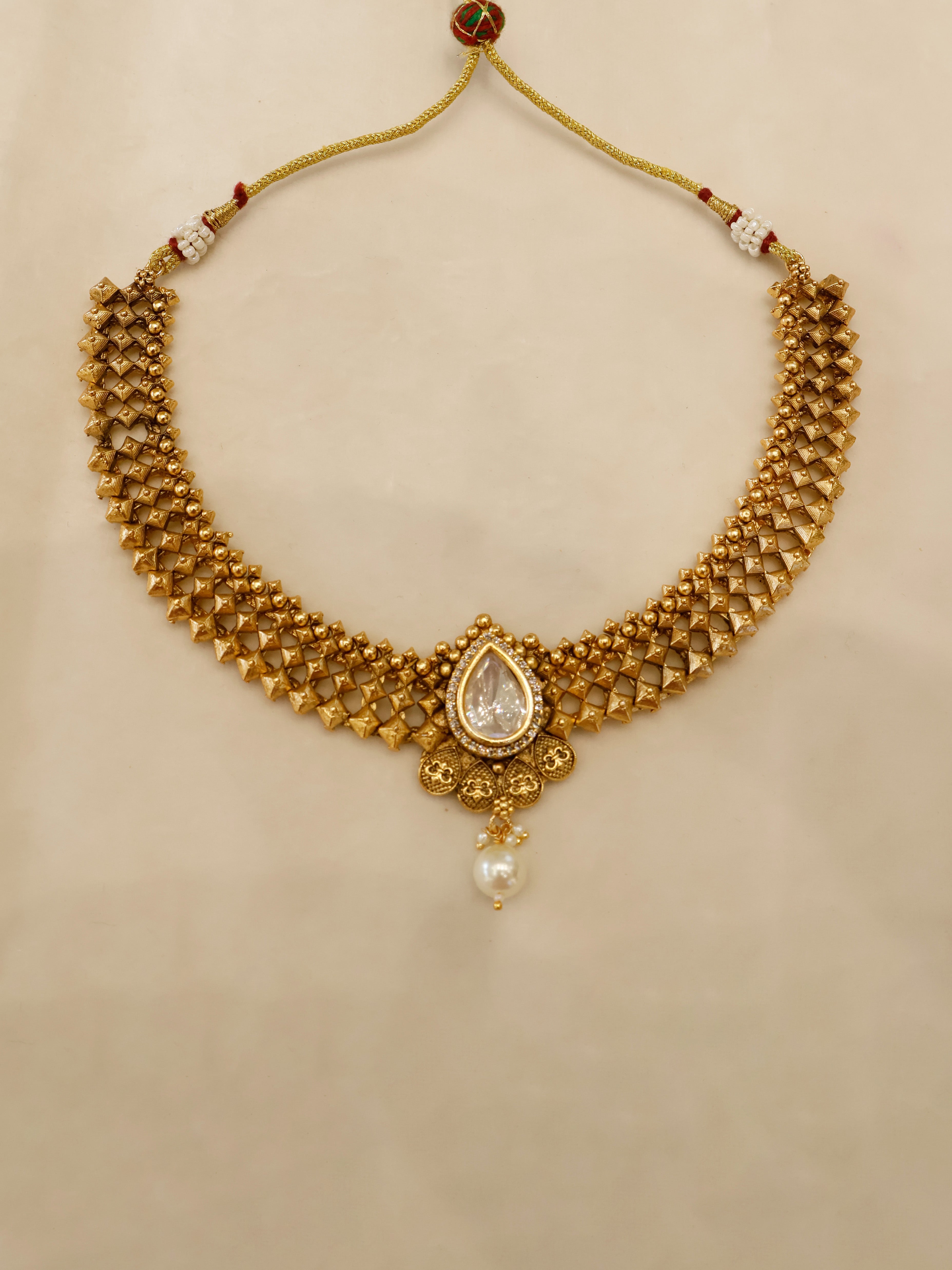 Aanura Antique Pearl Drop Kundan Choker Necklace Set
