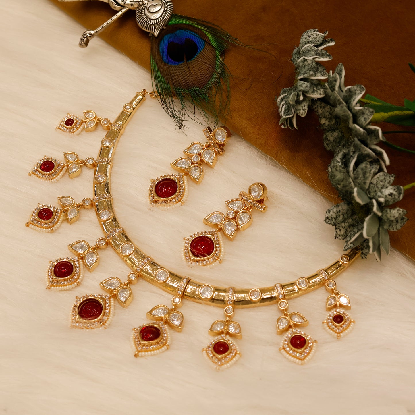 Aanura Peacock Green Kundan Necklace & Earrings Set