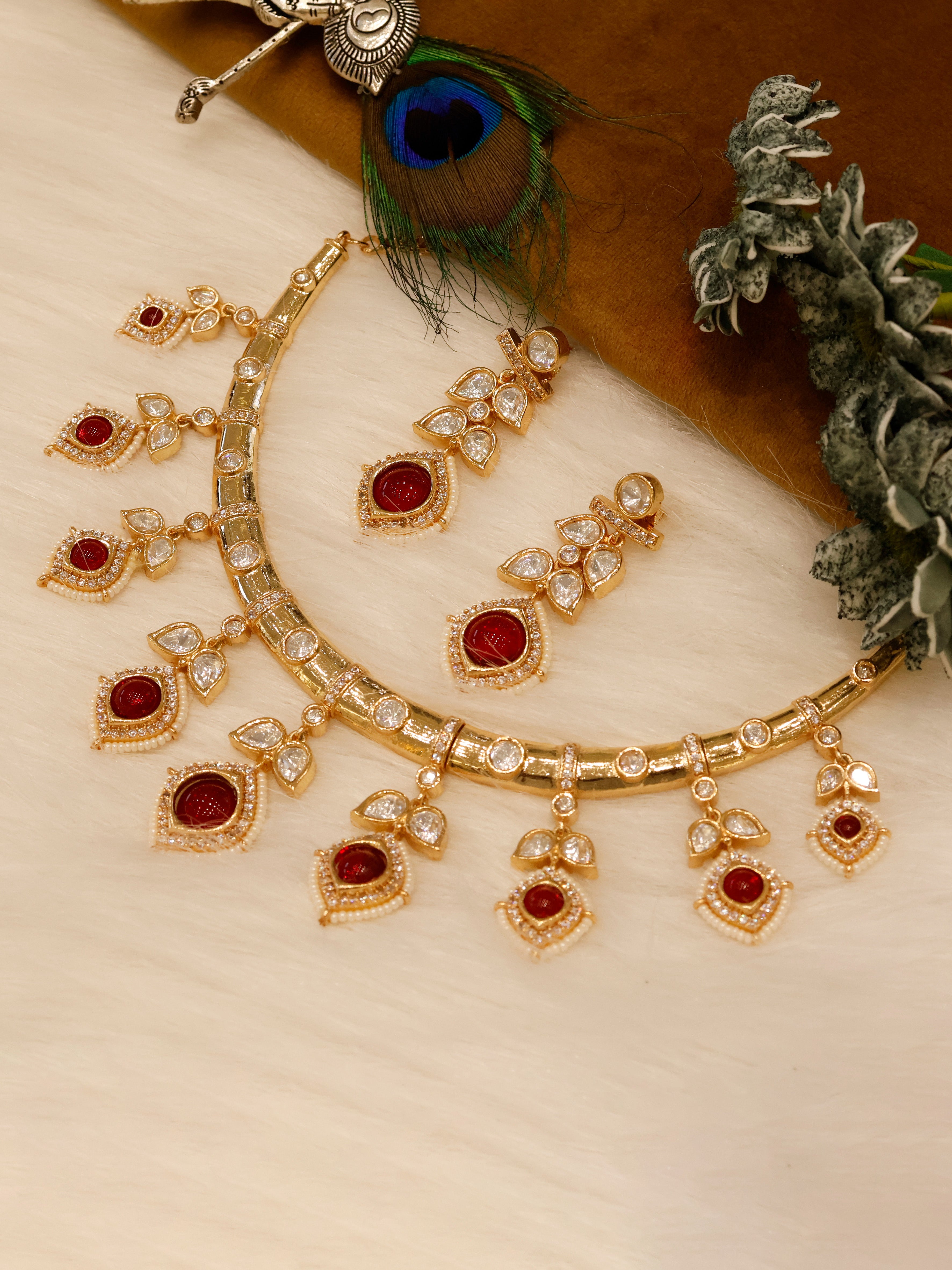 Aanura Peacock Green Kundan Necklace & Earrings Set