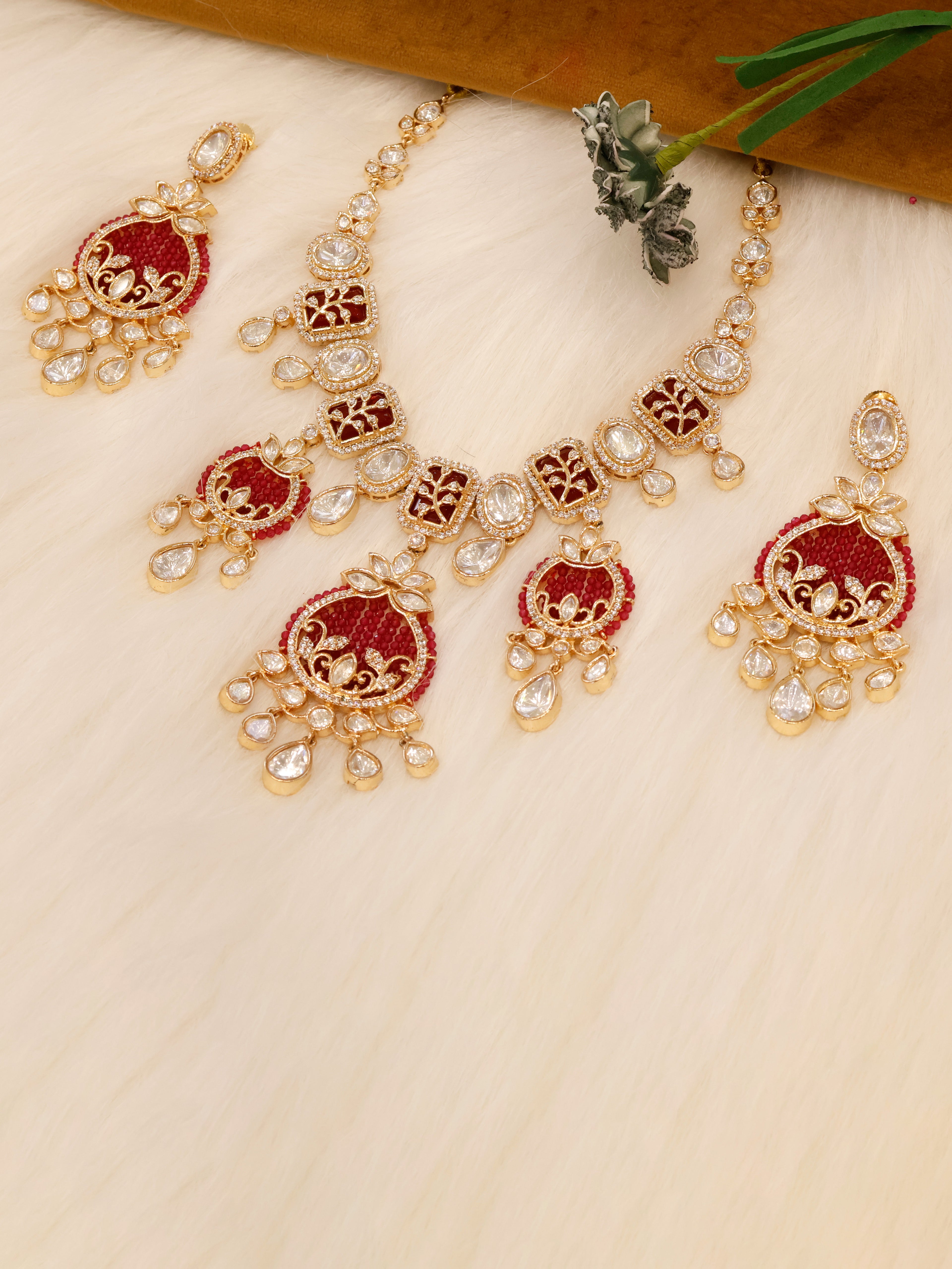 Aanura Green Beaded Kundan Necklace & Earrings Set