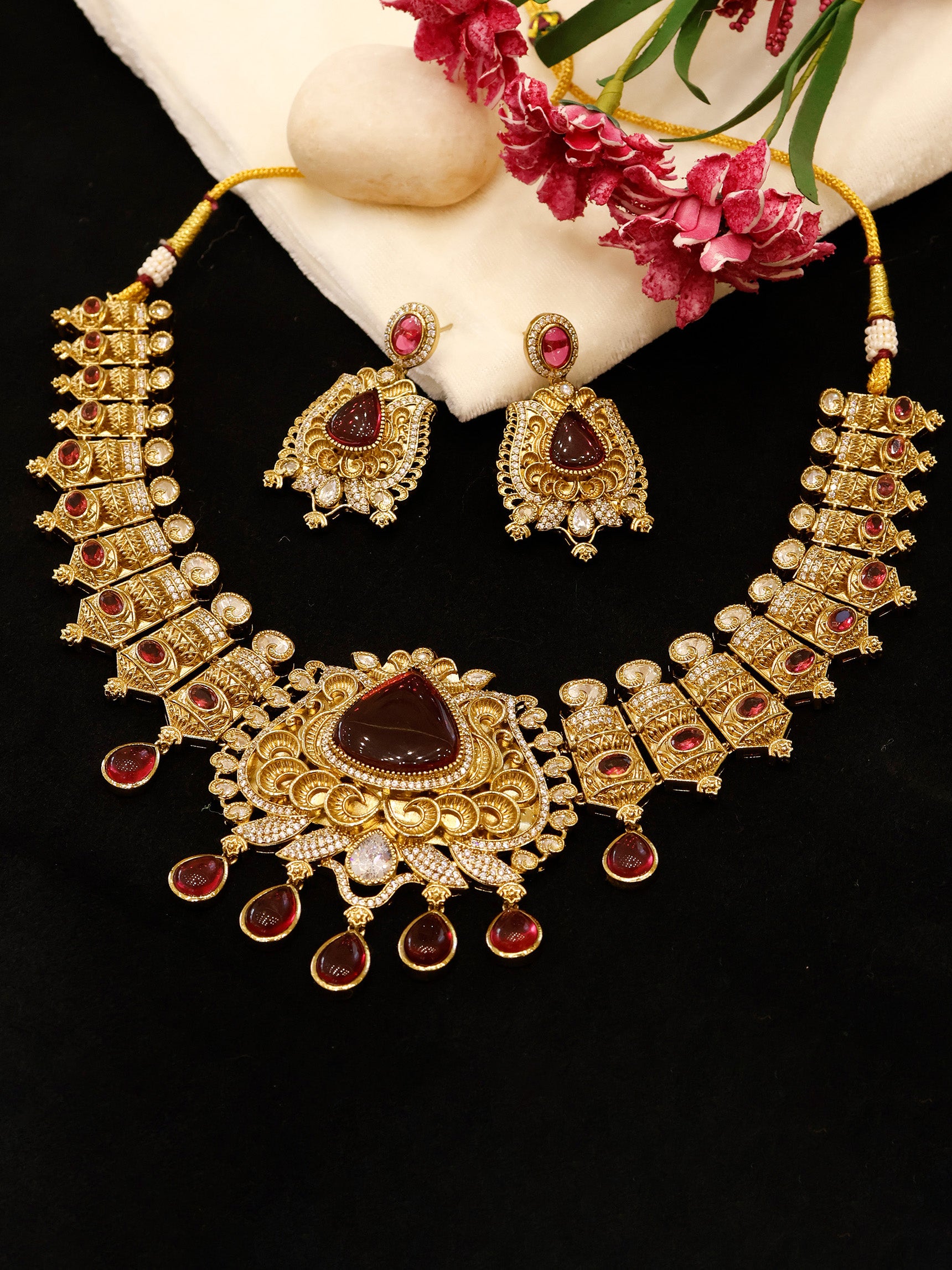 Aanura Antique Bridal Necklace with Ruby Red Stones