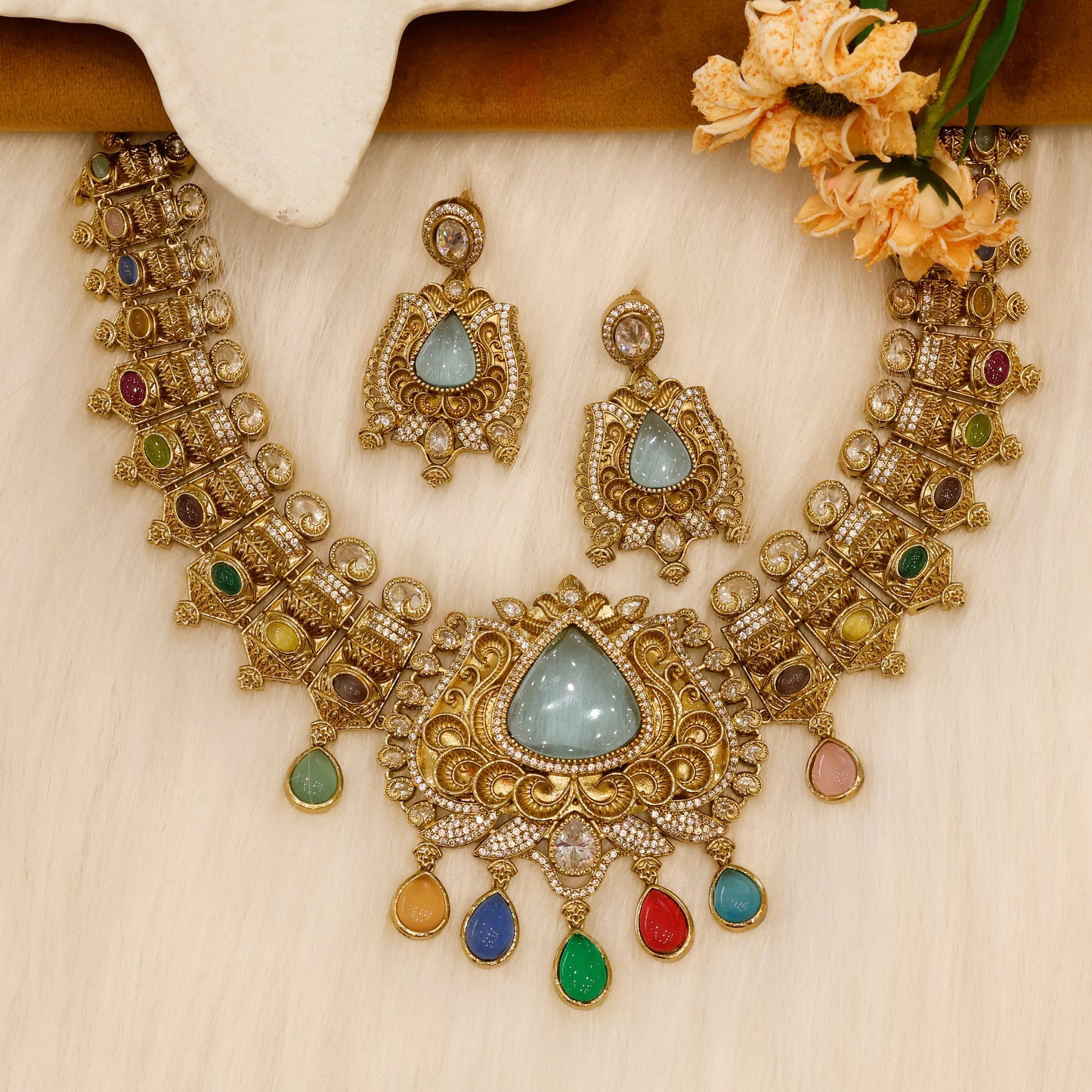 Aanura Antique Bridal Necklace with Ruby Red Stones