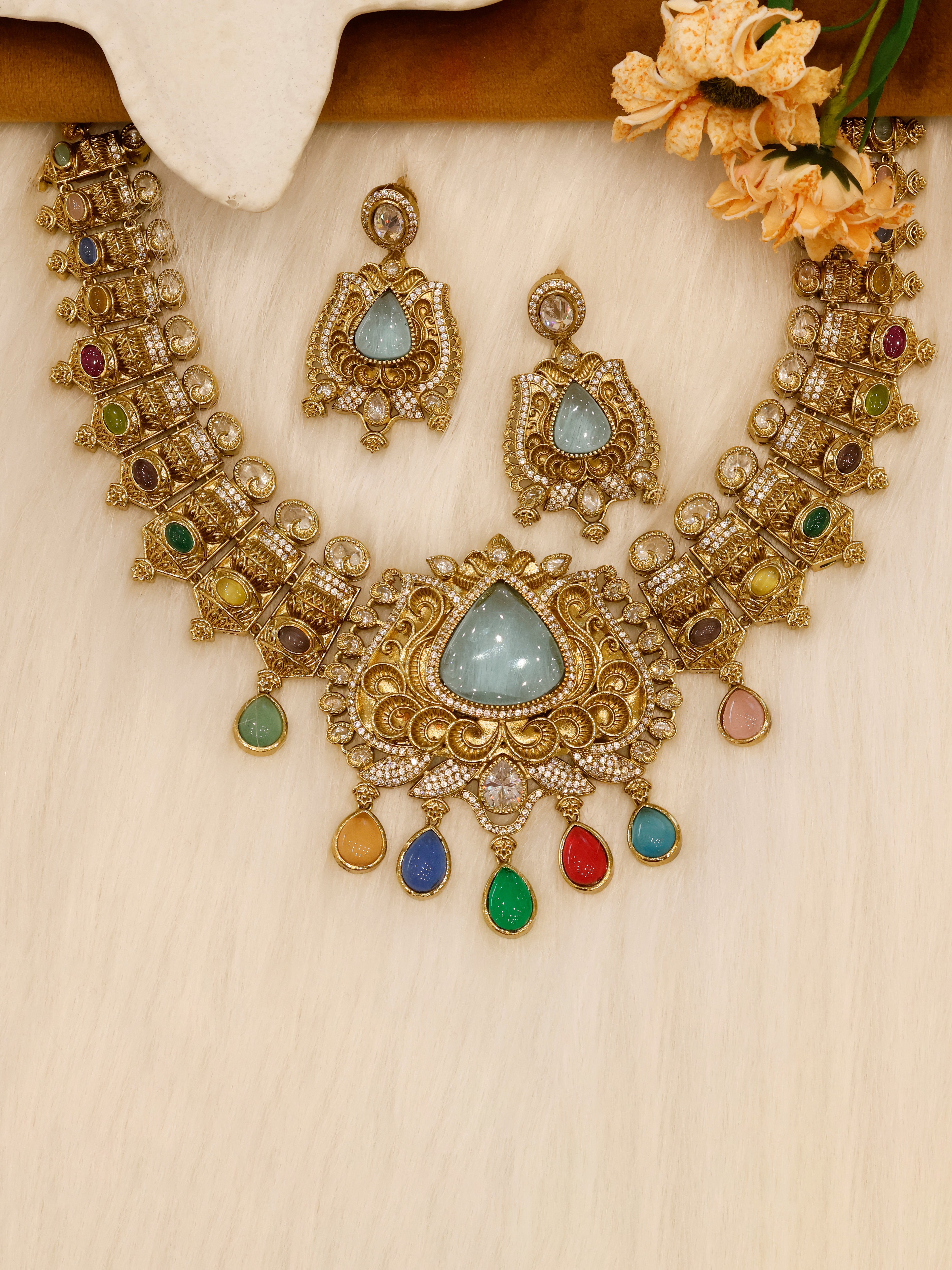 Aanura Antique Bridal Necklace with Ruby Red Stones