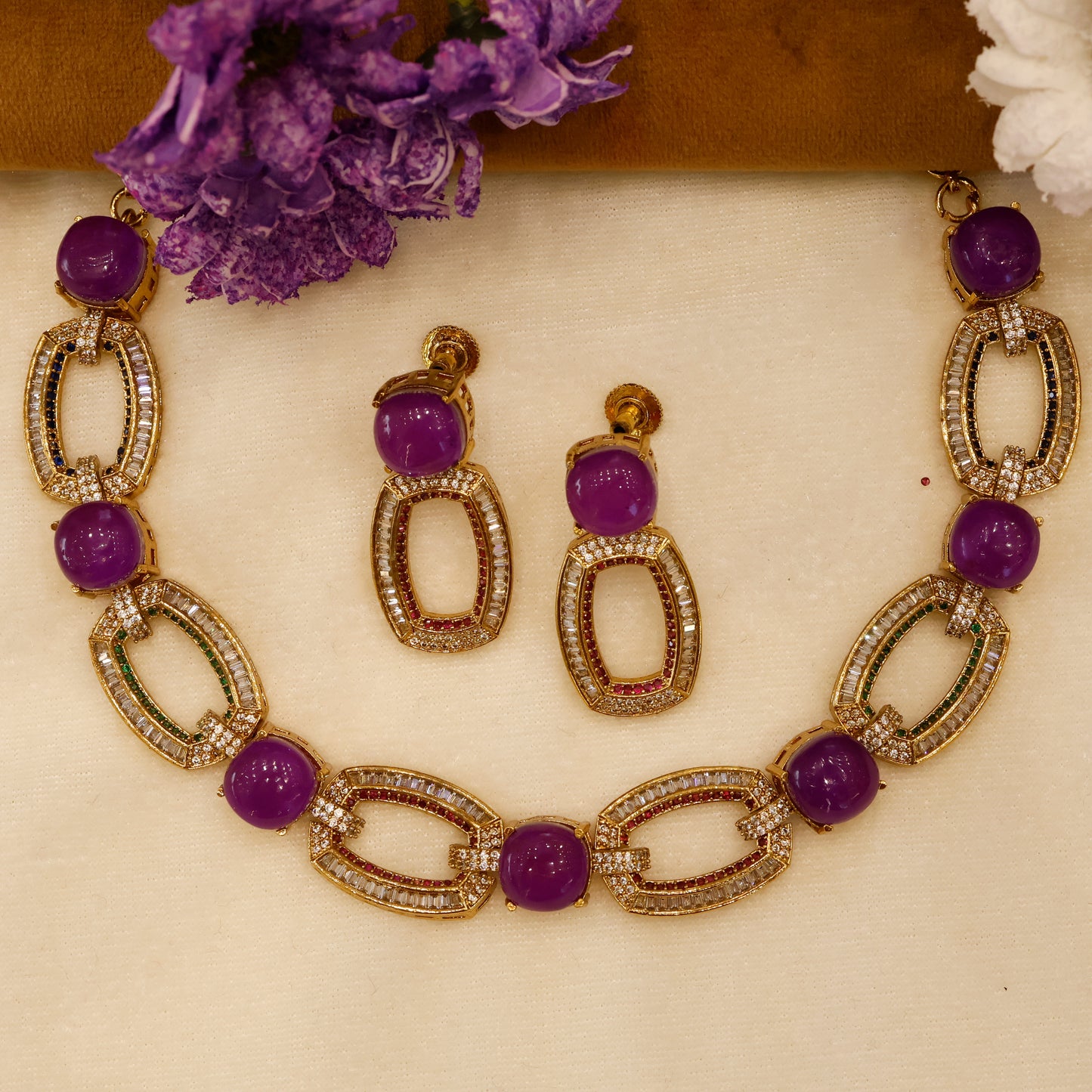 Aanura Gold-Plated Purple Stone Necklace Set