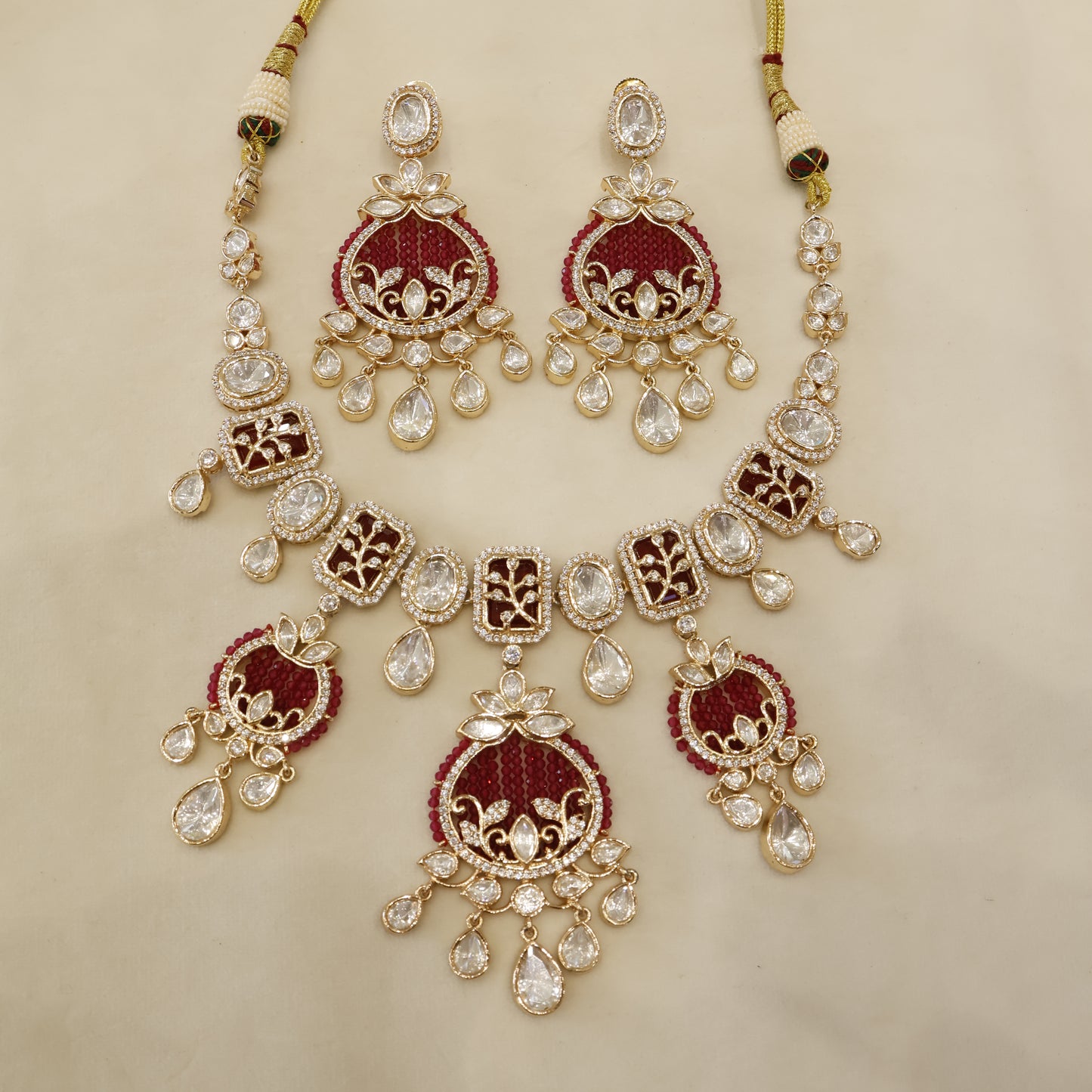 Aanura Green Beaded Kundan Necklace & Earrings Set