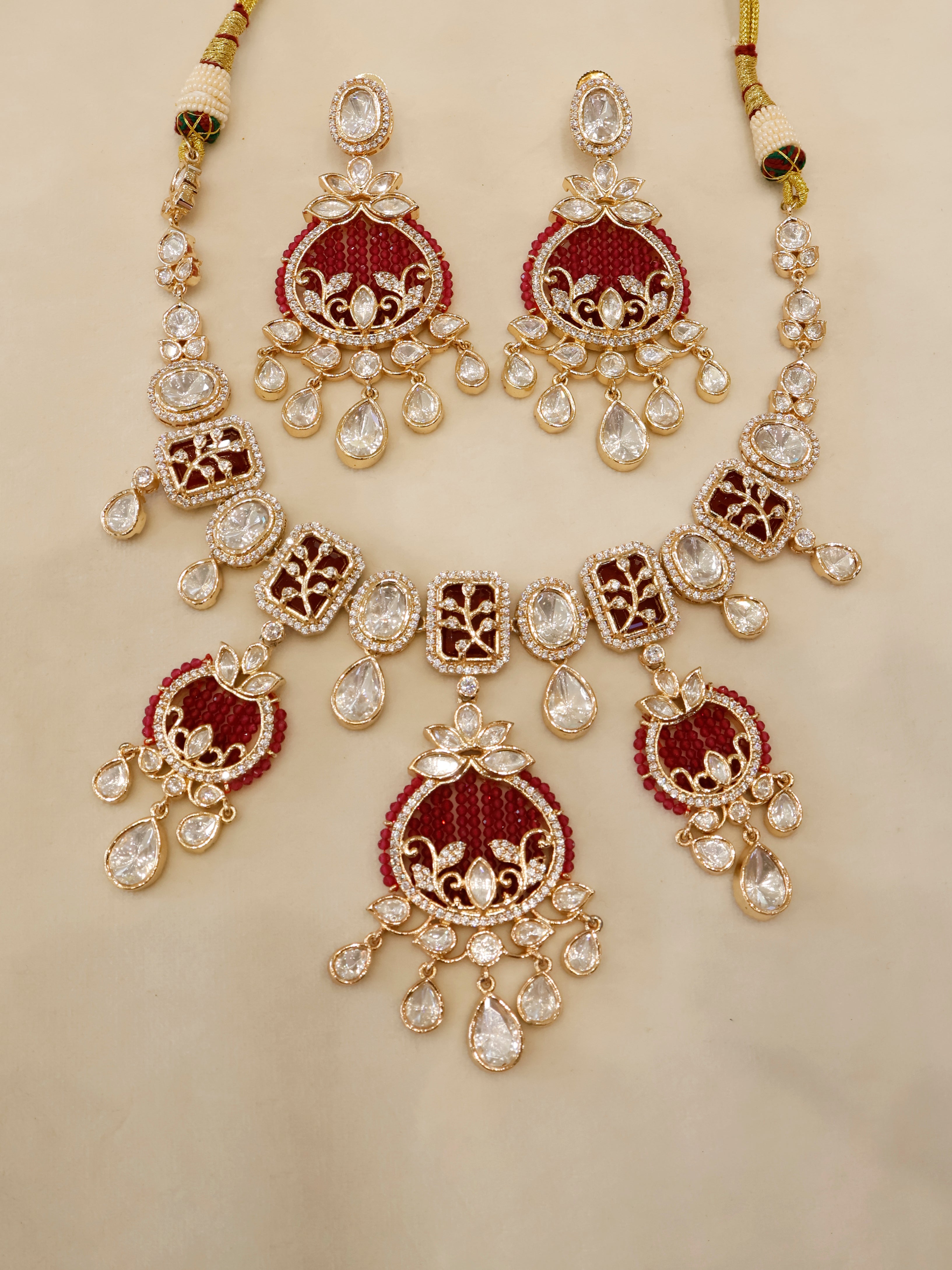 Aanura Green Beaded Kundan Necklace & Earrings Set