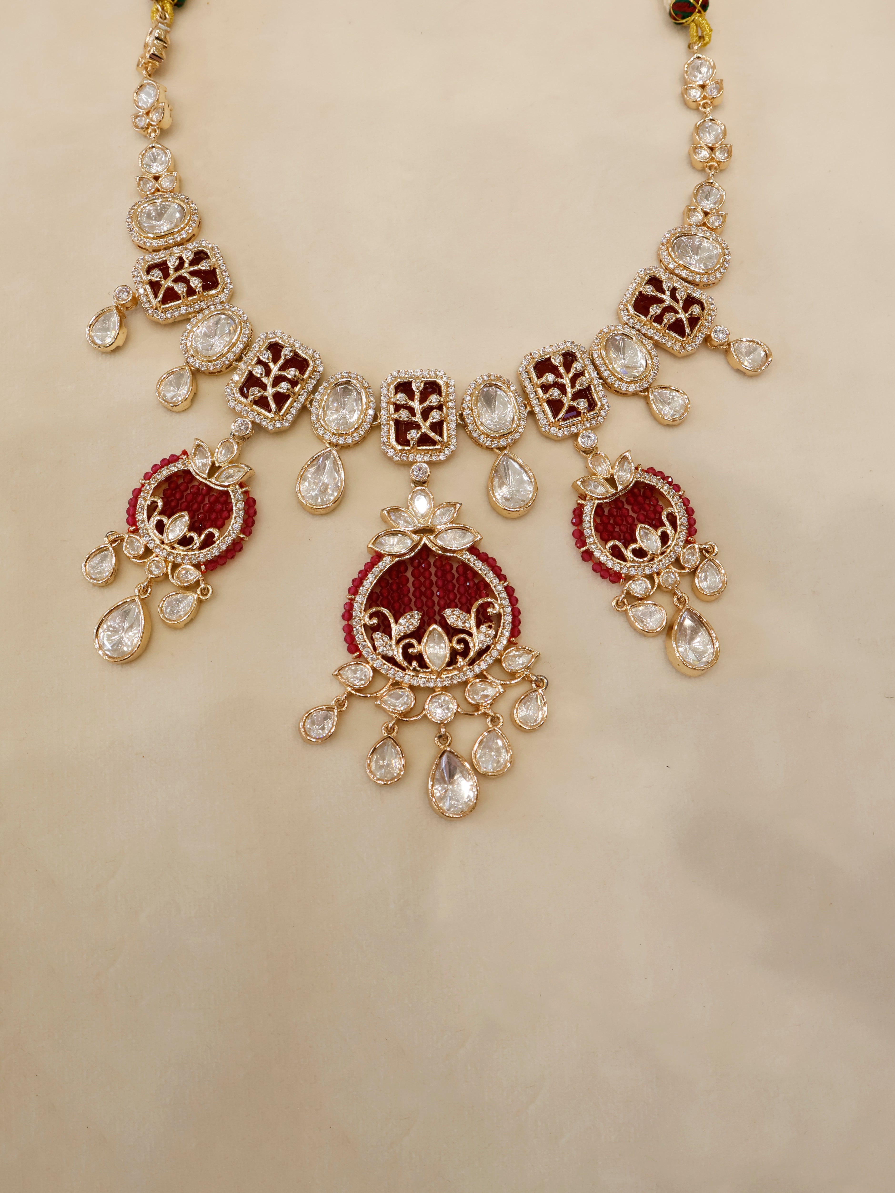 Aanura Green Beaded Kundan Necklace & Earrings Set