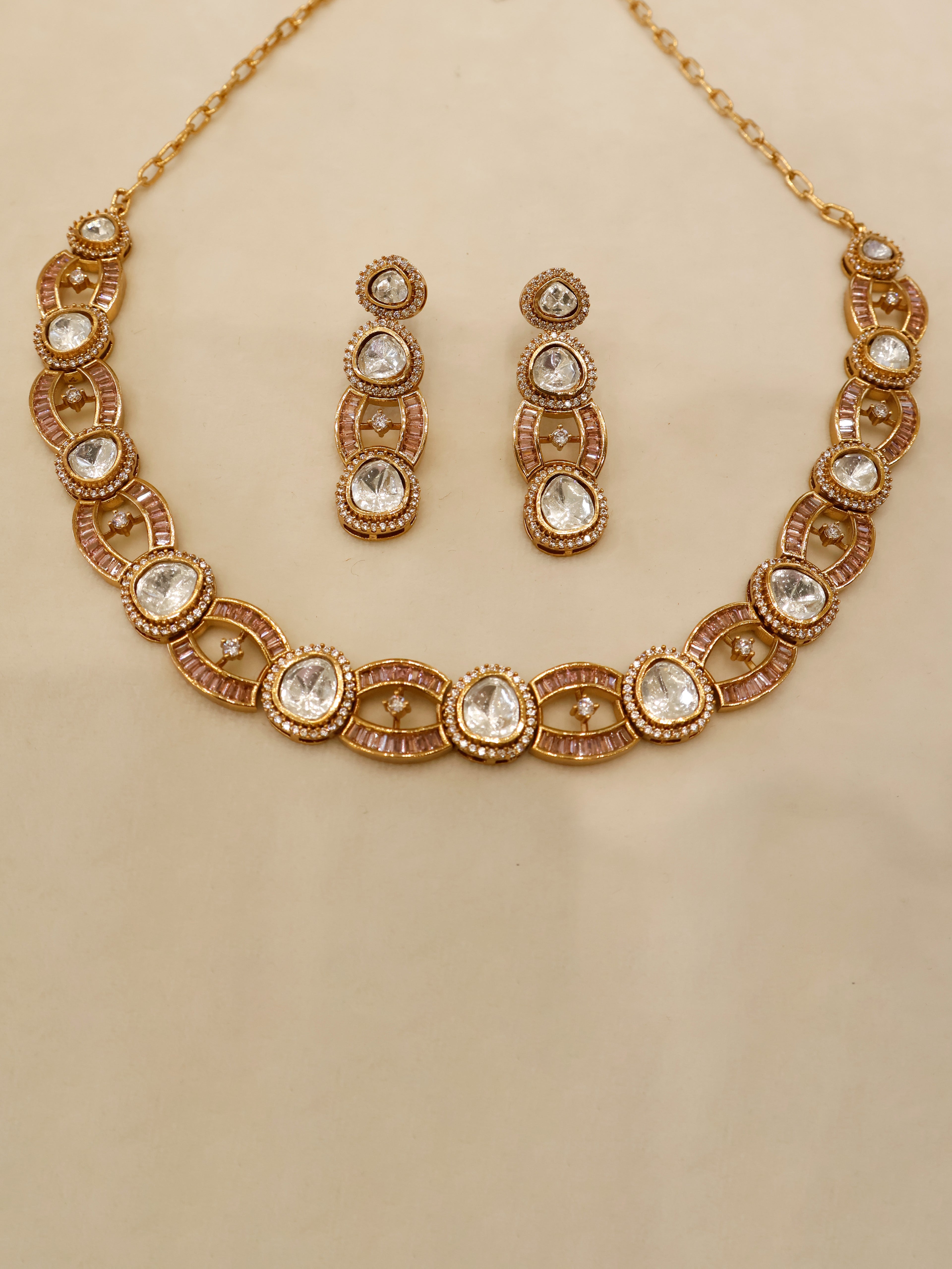 Aanura Oval Kundan Linked Necklace & Earrings