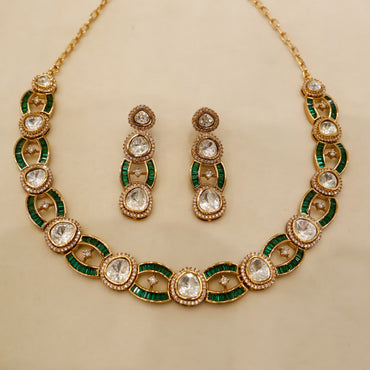 Aanura Oval Kundan Linked Necklace & Earrings