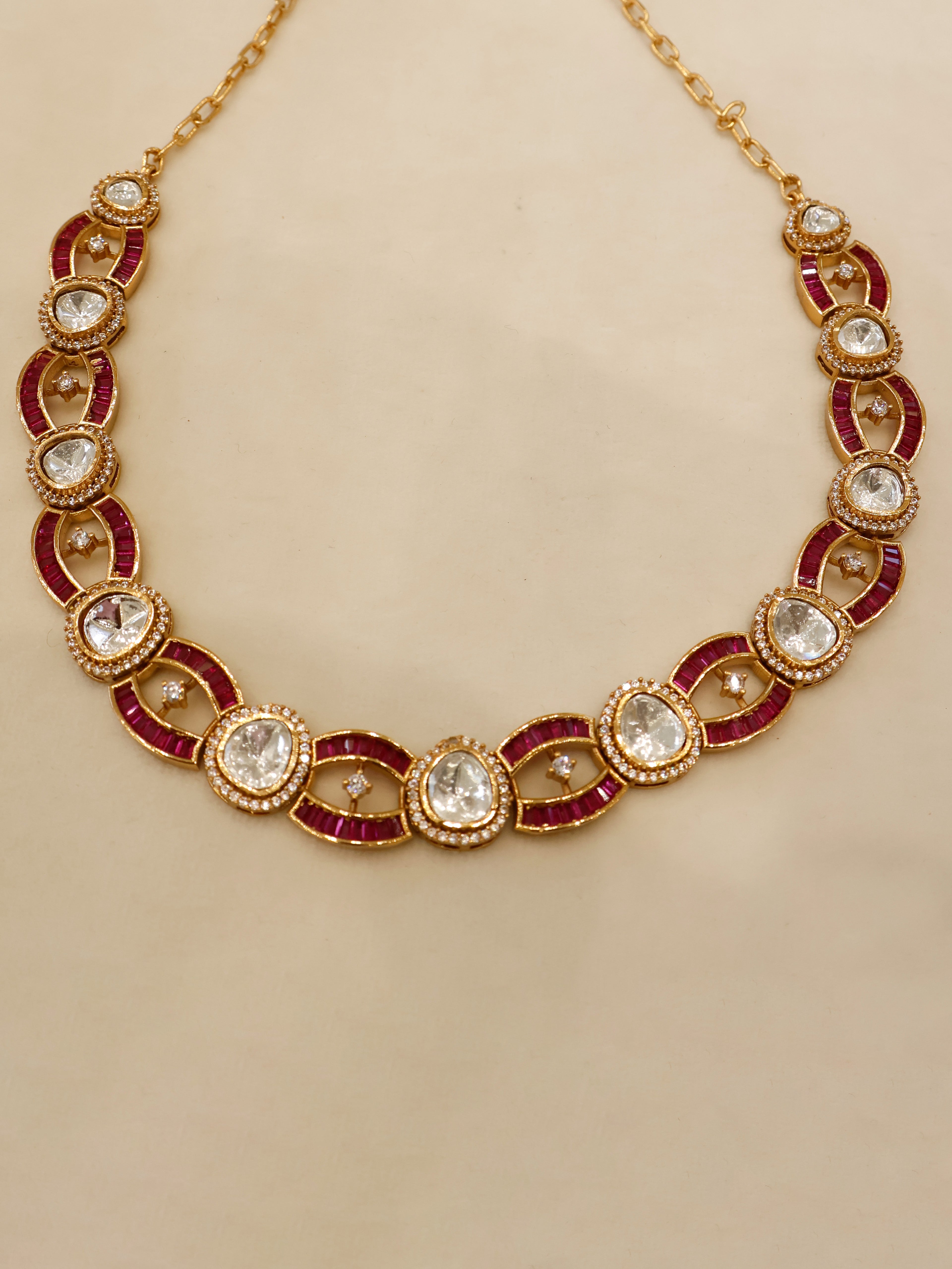 Aanura Oval Kundan Linked Necklace & Earrings