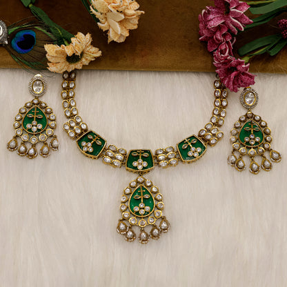 Aanura Green Kundan Pendant Necklace & Earrings Set
