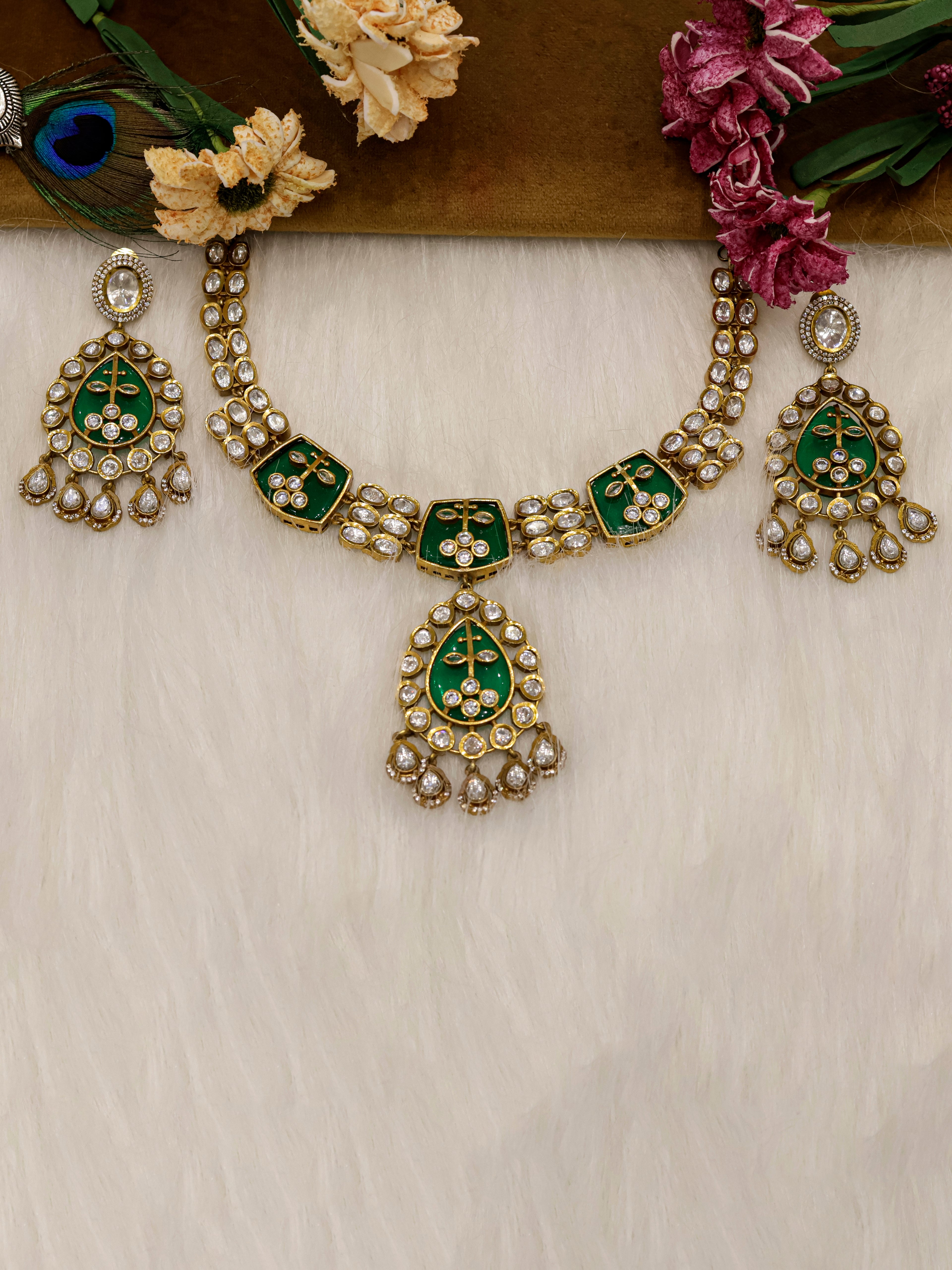 Aanura Green Kundan Pendant Necklace & Earrings Set