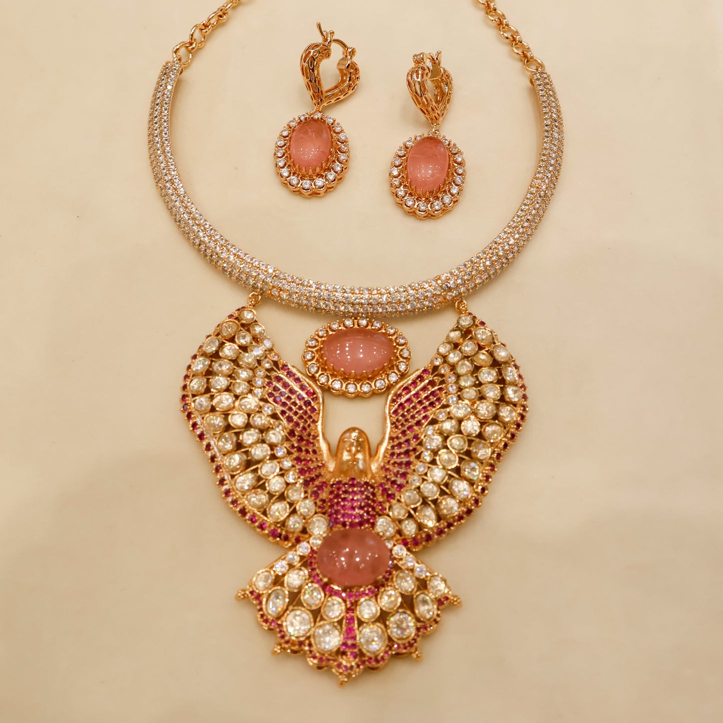 Aanura Pink Stone Eagle Motif Necklace Set