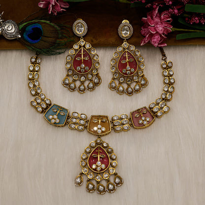 Aanura Green Kundan Pendant Necklace & Earrings Set