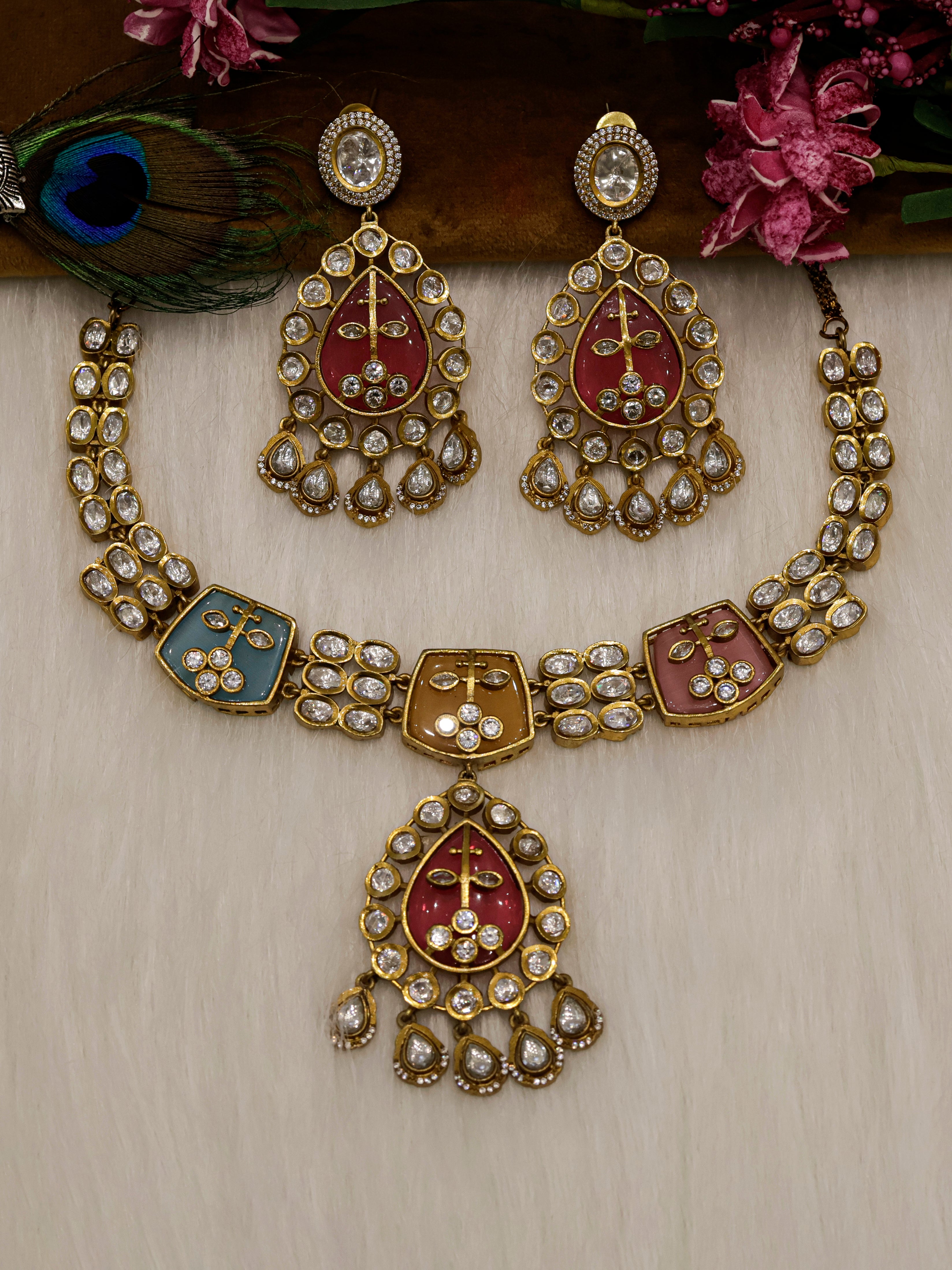 Aanura Green Kundan Pendant Necklace & Earrings Set