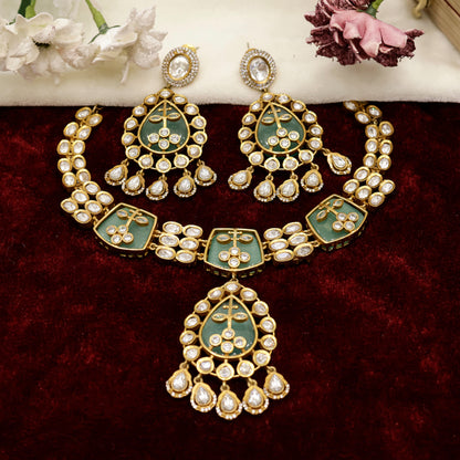 Aanura Green Kundan Pendant Necklace & Earrings Set