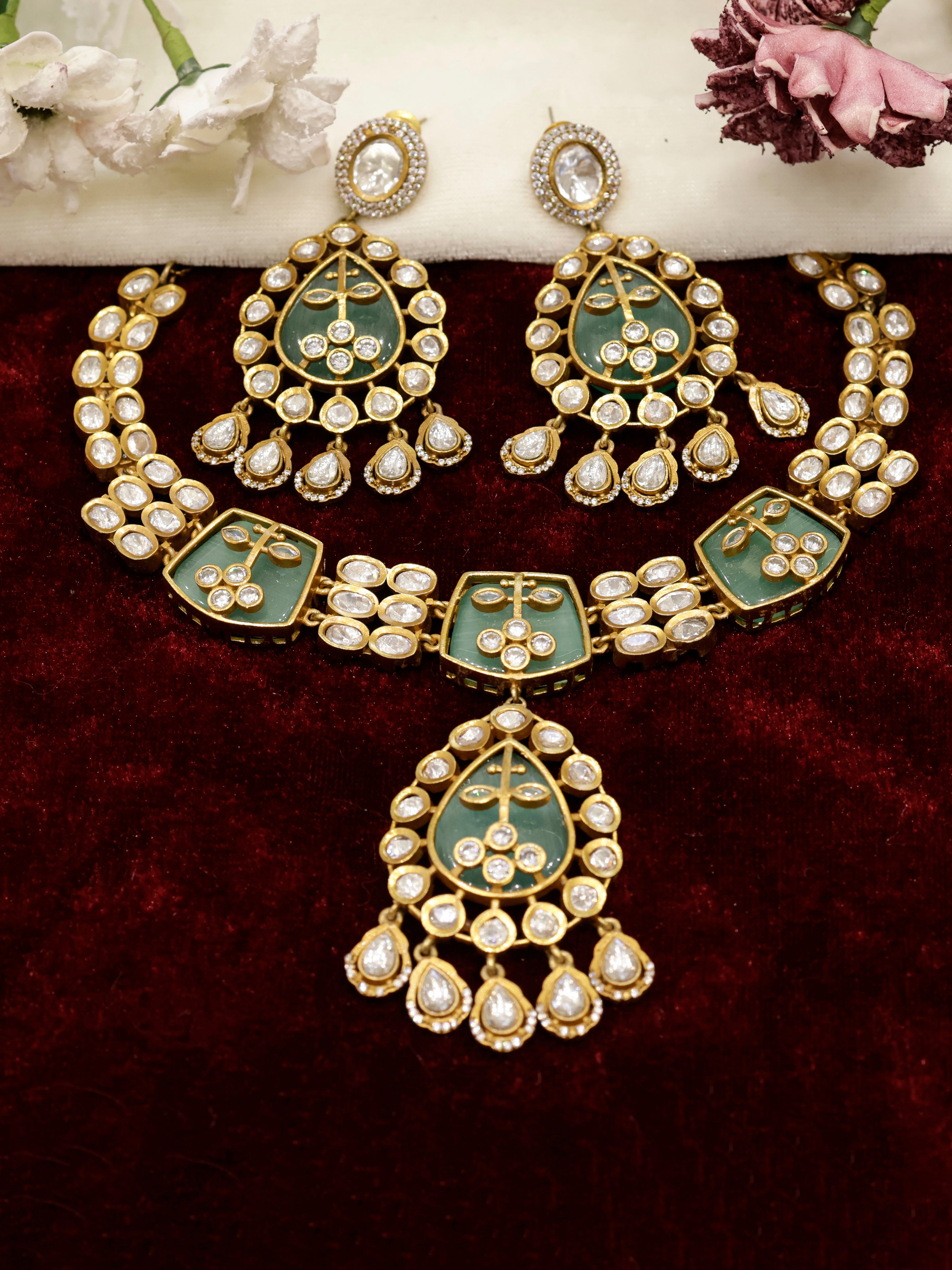 Aanura Green Kundan Pendant Necklace & Earrings Set
