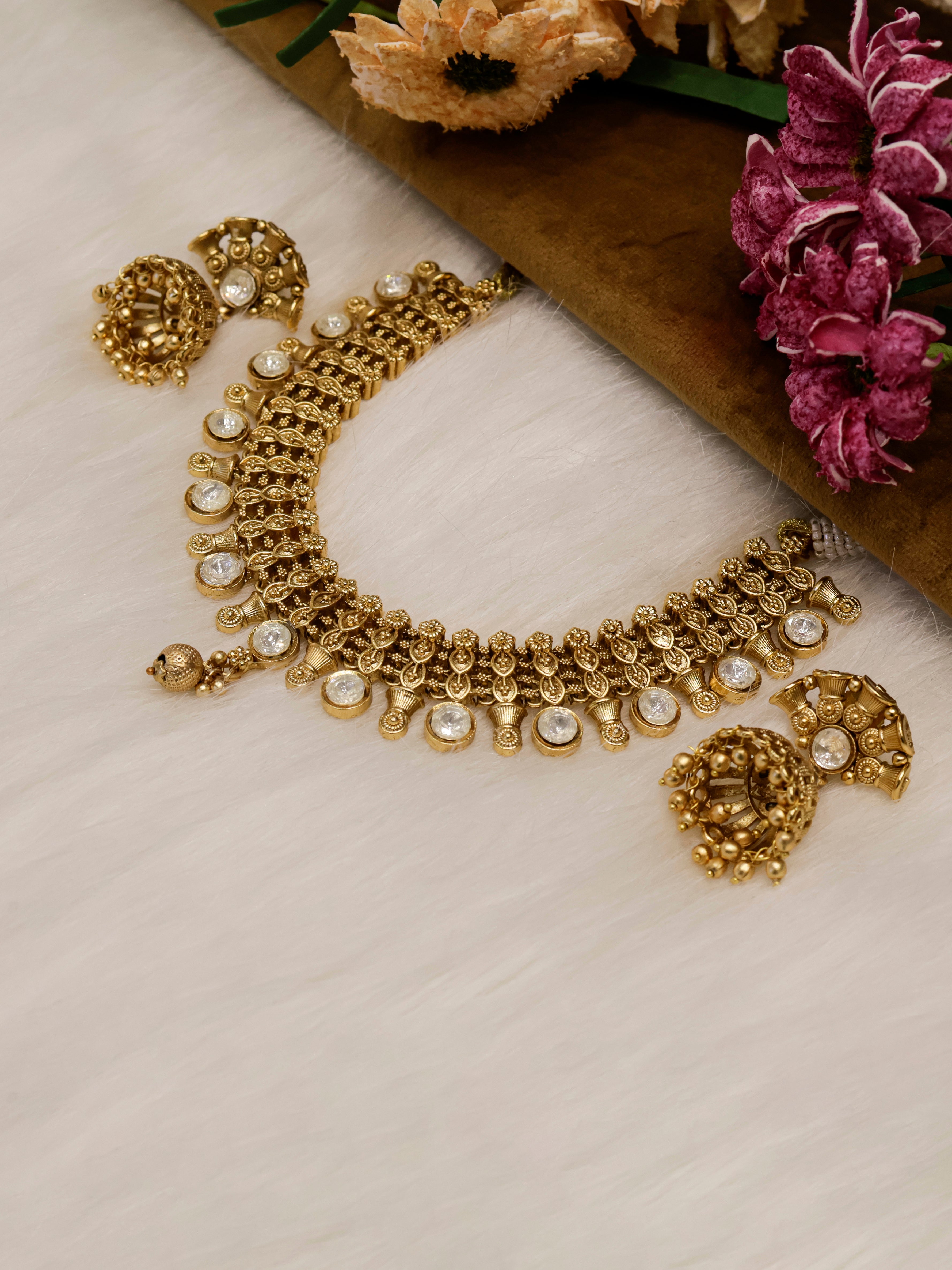 Aanura Gold-Plated Kundan Necklace & Earrings Set