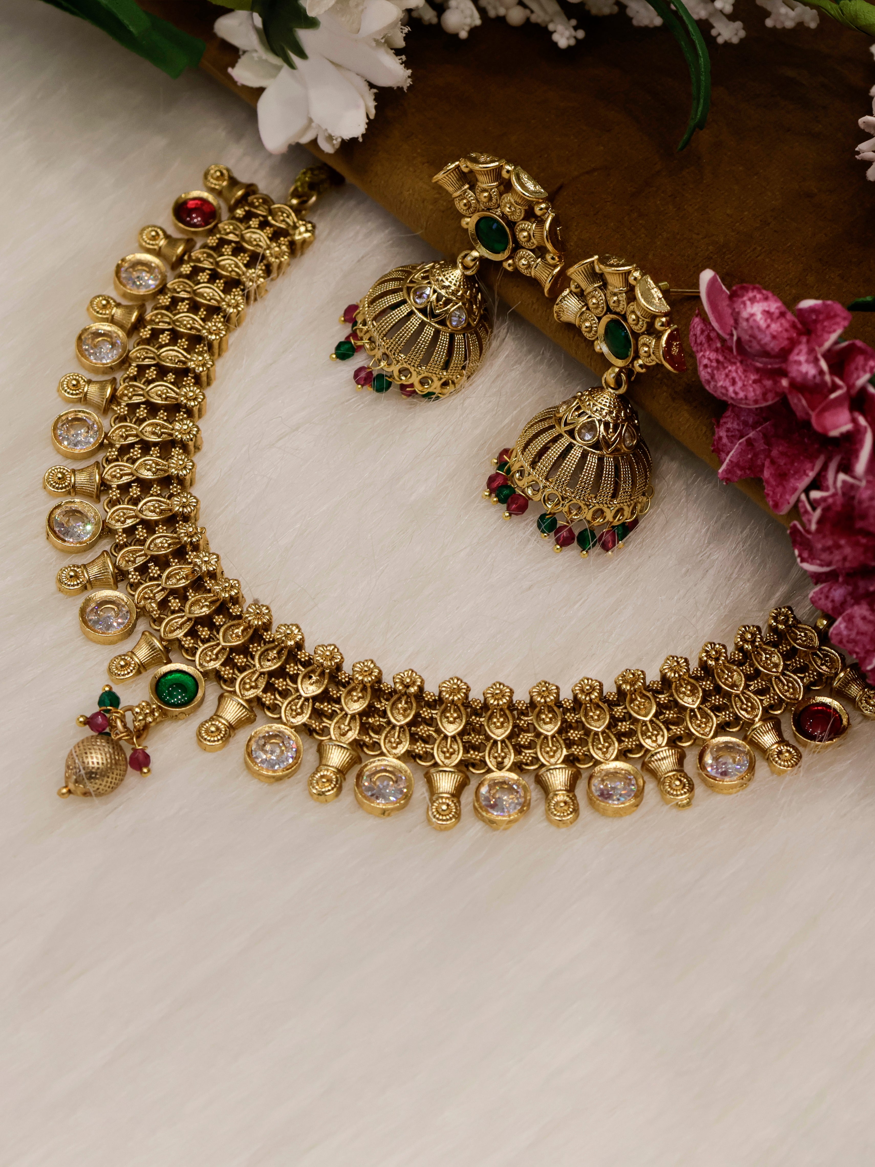 Aanura Gold-Plated Kundan Necklace & Earrings Set