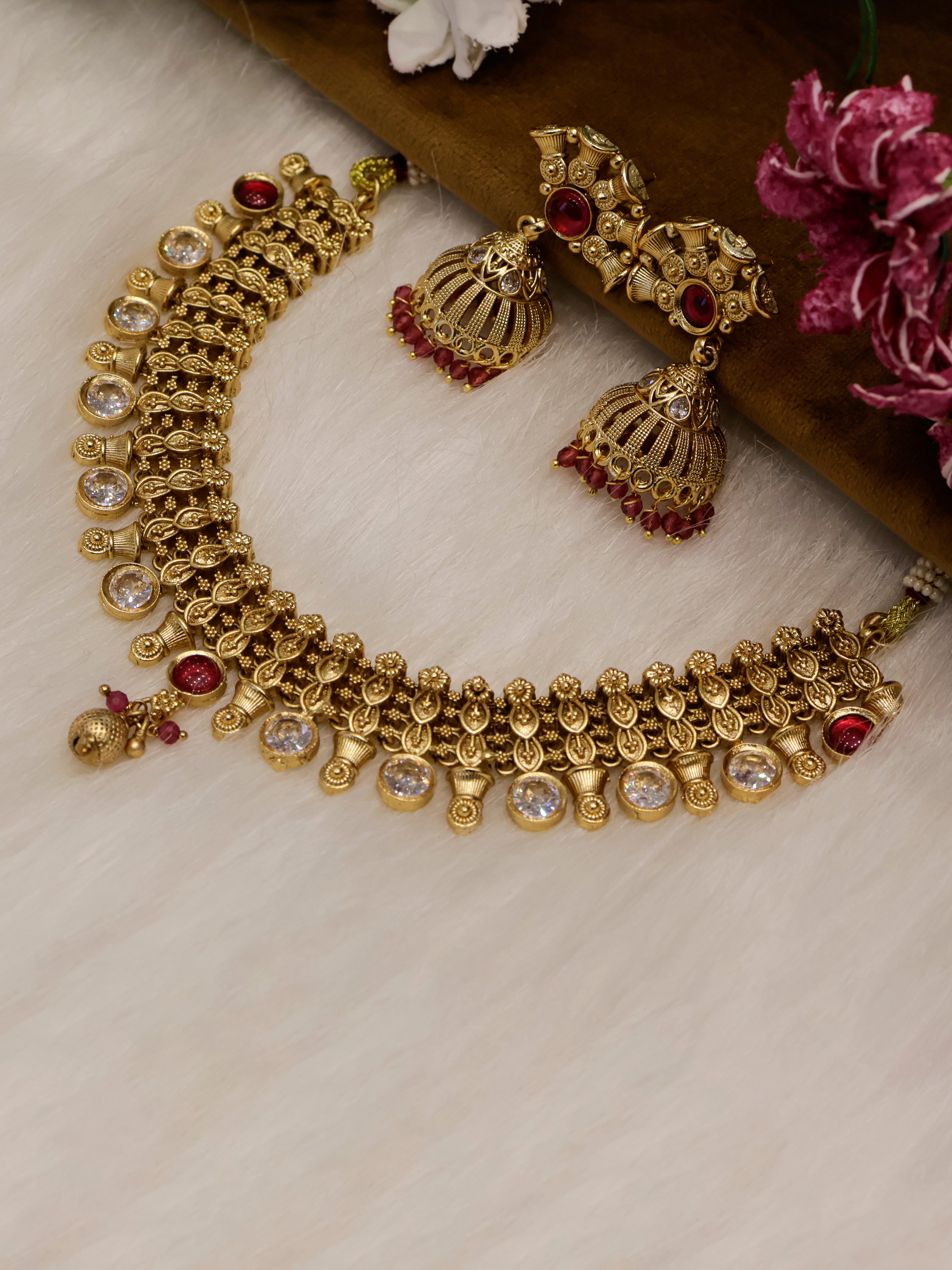 Aanura Gold-Plated Kundan Necklace & Earrings Set