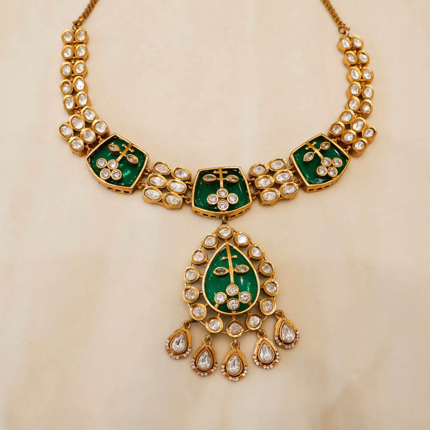 Aanura Green Kundan Pendant Necklace & Earrings Set