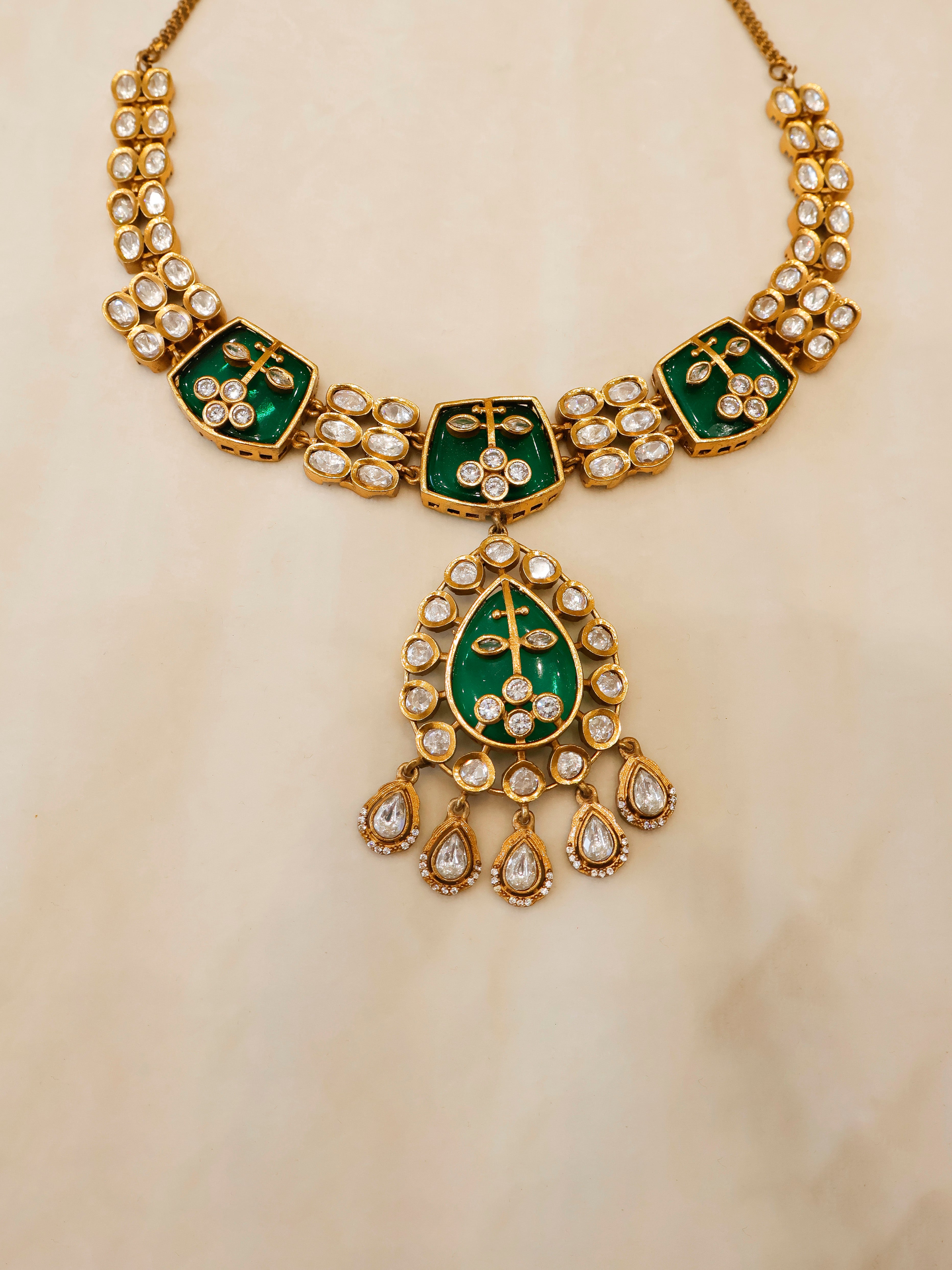 Aanura Green Kundan Pendant Necklace & Earrings Set