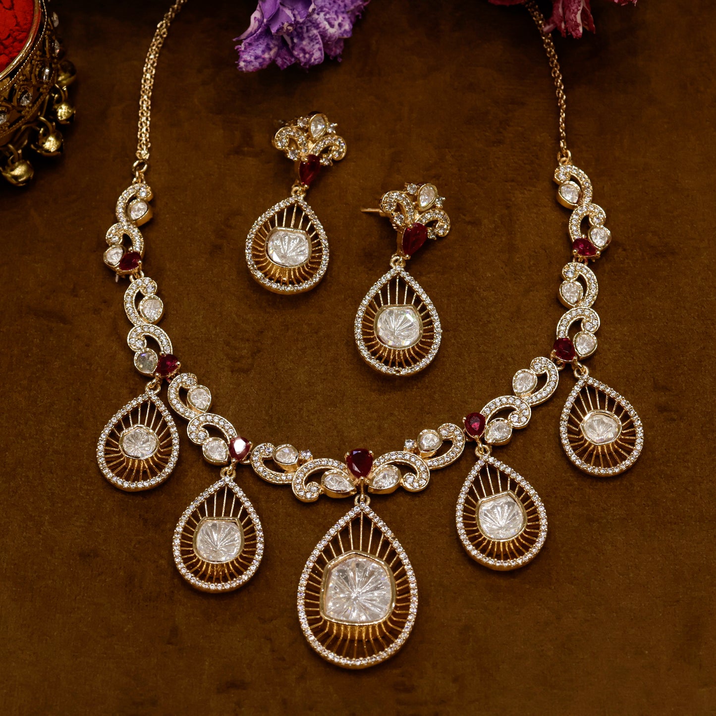 Aanura Pear Drop Necklace & Earrings with Stones