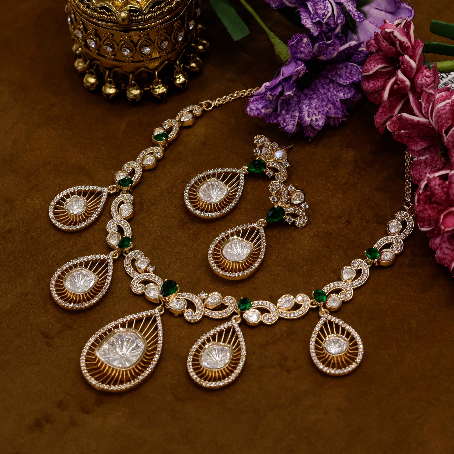 Aanura Pear Drop Necklace & Earrings with Stones