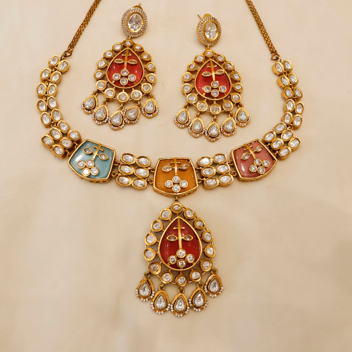 Aanura Green Kundan Pendant Necklace & Earrings Set