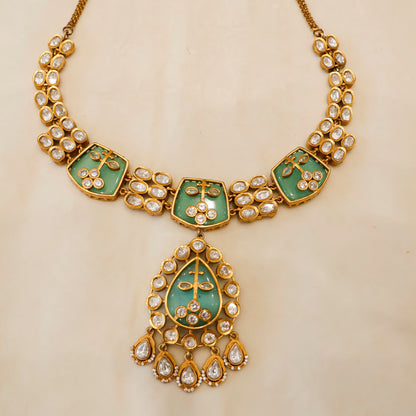 Aanura Green Kundan Pendant Necklace & Earrings Set