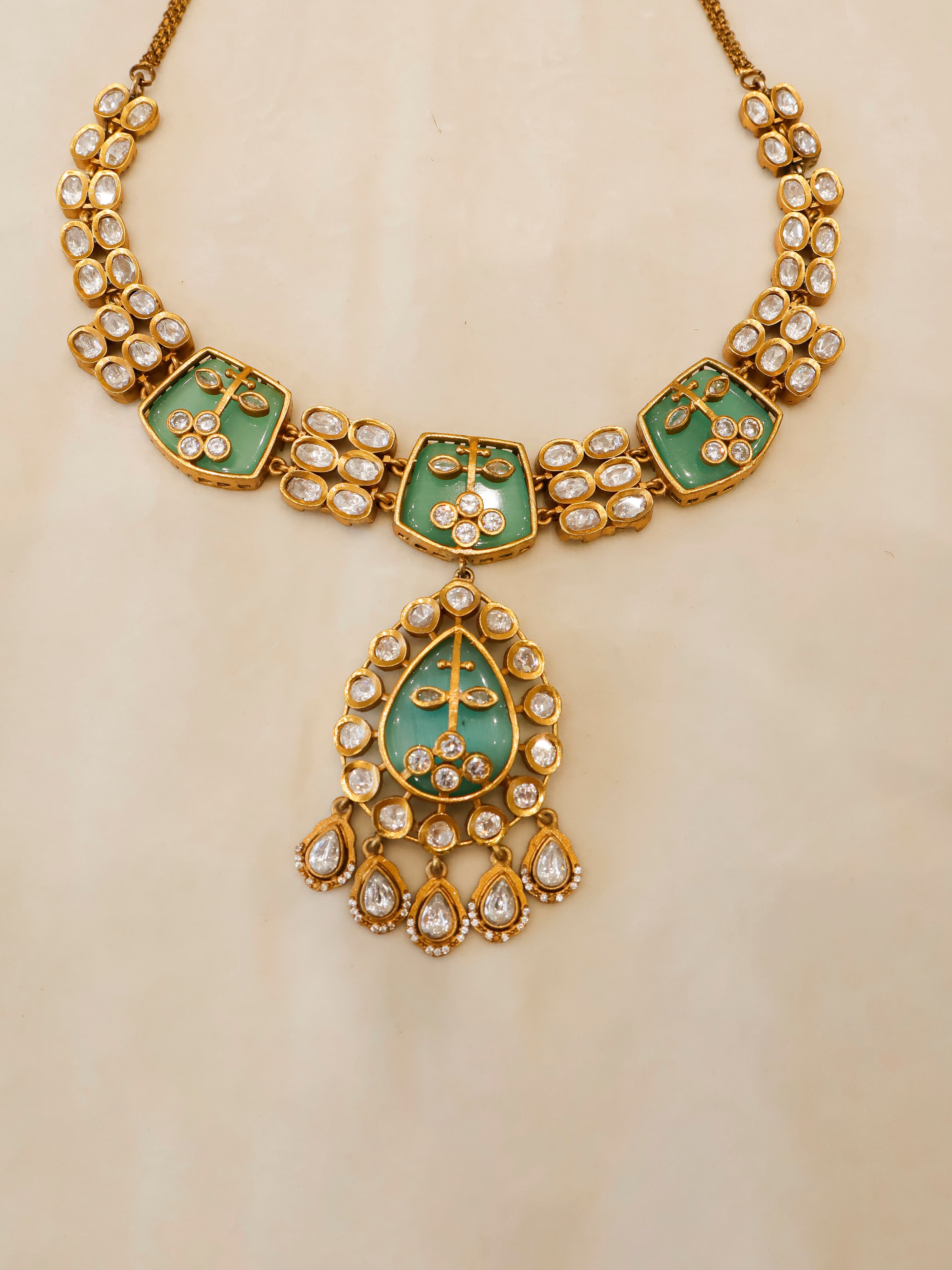 Aanura Green Kundan Pendant Necklace & Earrings Set