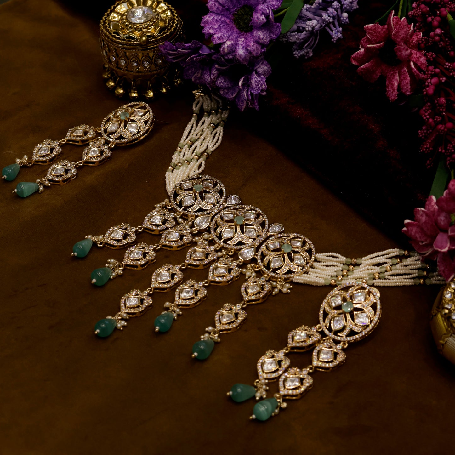 Aanura Green Drop Kundan Choker Necklace & Earrings