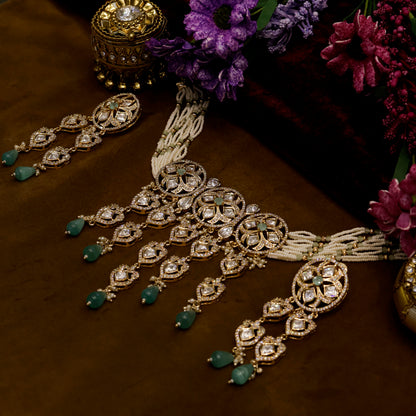 Aanura Green Drop Kundan Choker Necklace & Earrings