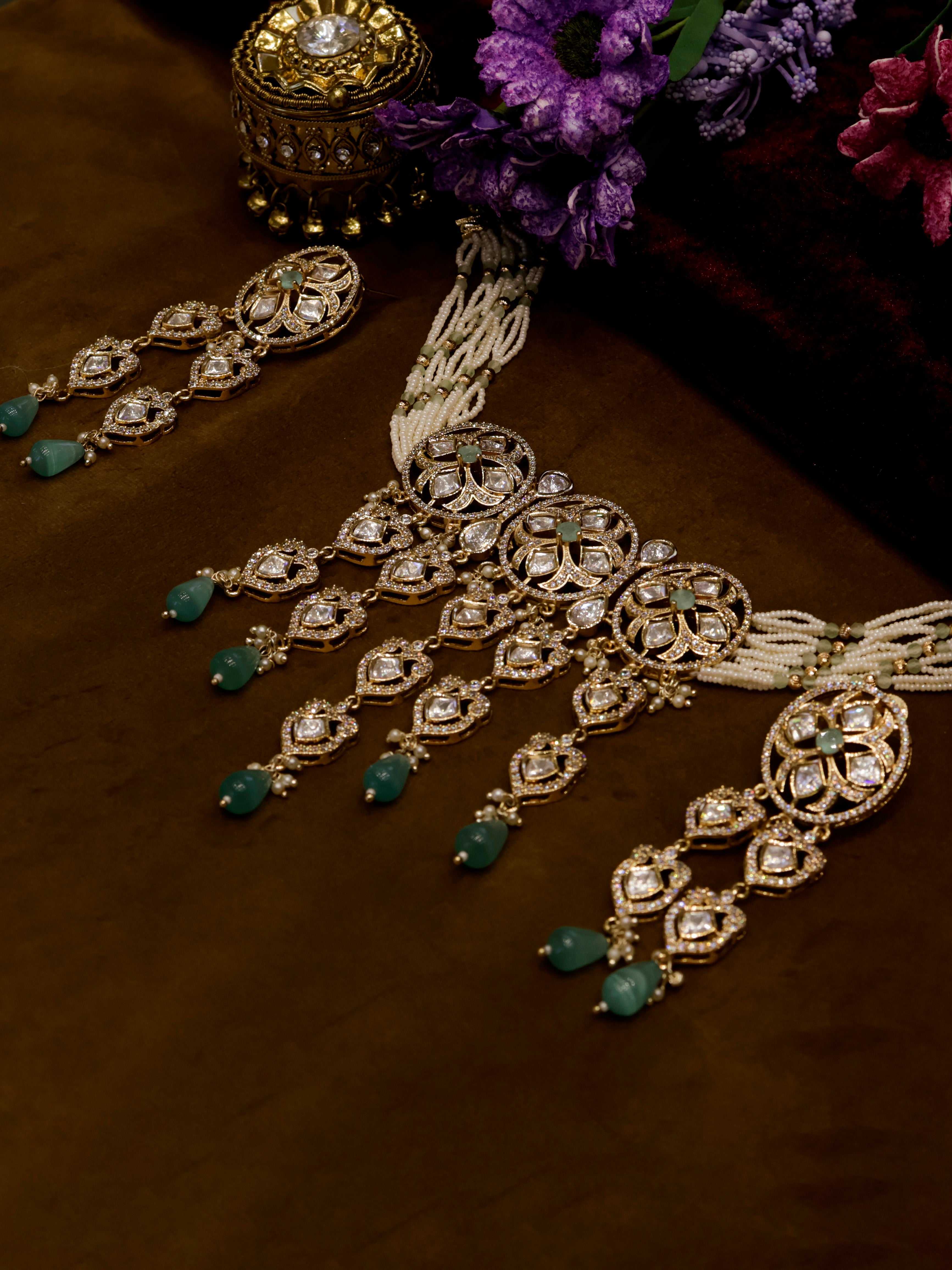 Aanura Green Drop Kundan Choker Necklace & Earrings