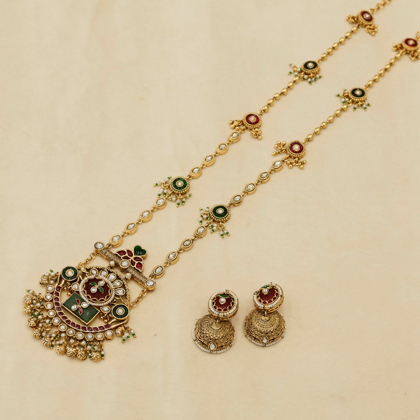 Aanura Long Temple Necklace Set with Green & Red Stones