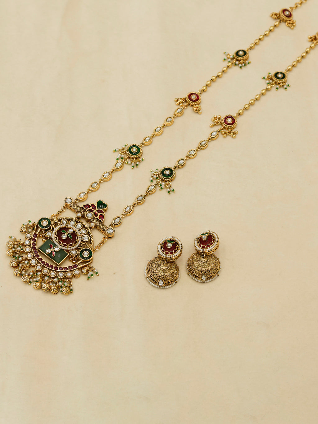 Aanura Long Temple Necklace Set with Green & Red Stones