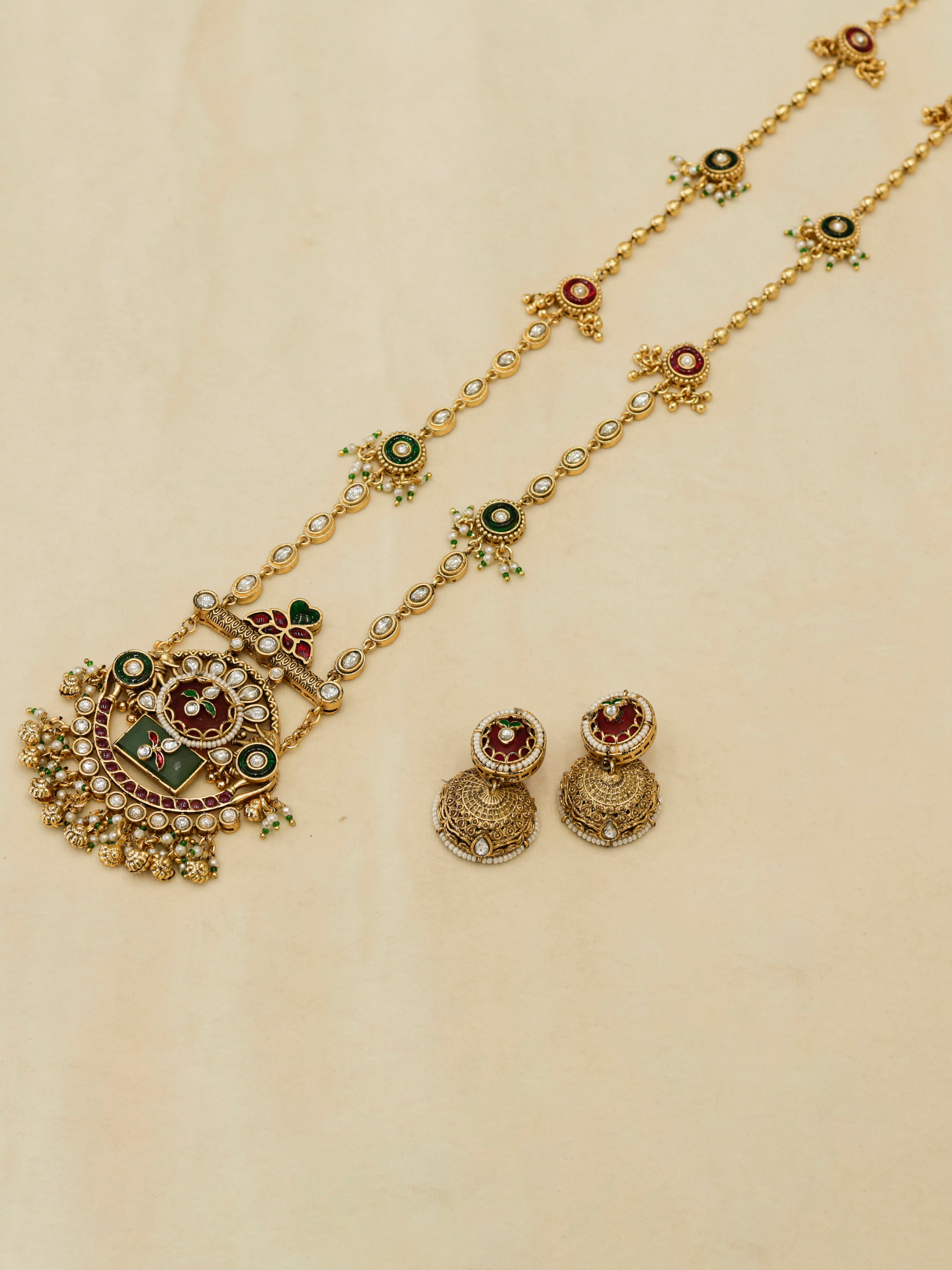 Aanura Long Temple Necklace Set with Green & Red Stones