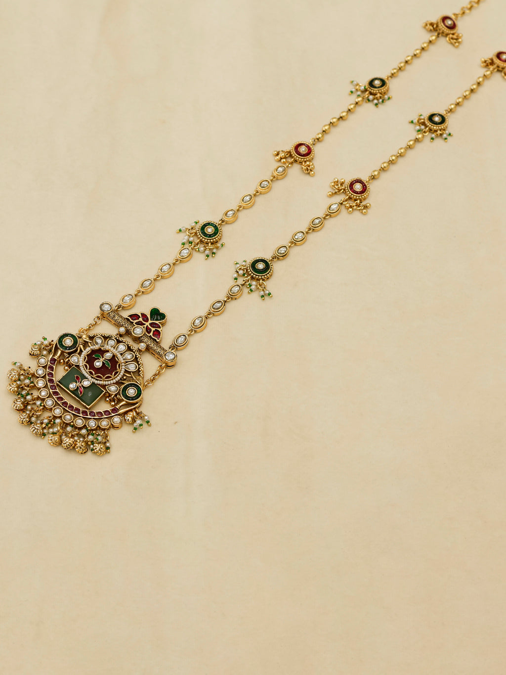 Aanura Long Temple Necklace Set with Green & Red Stones