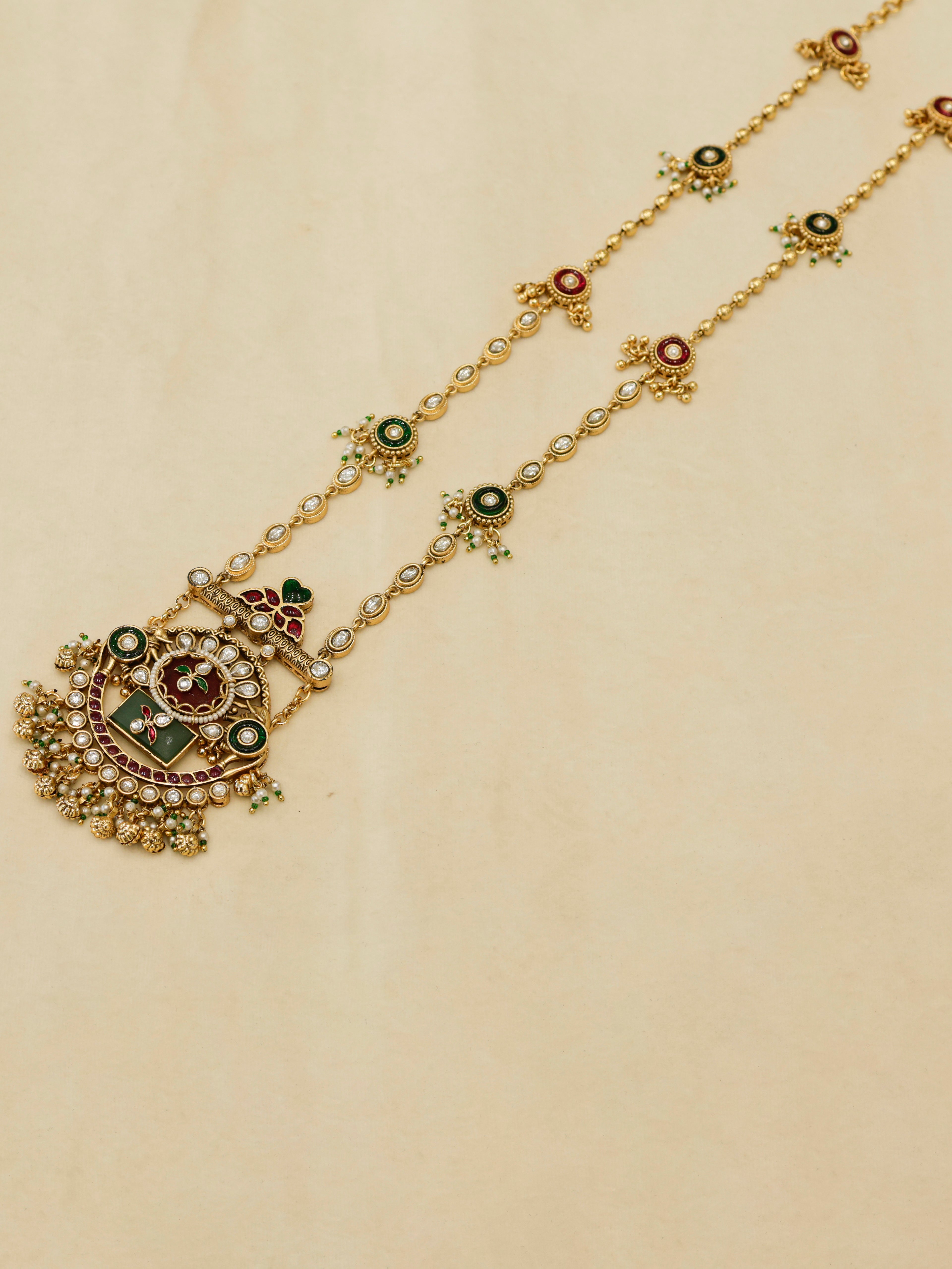 Aanura Long Temple Necklace Set with Green & Red Stones