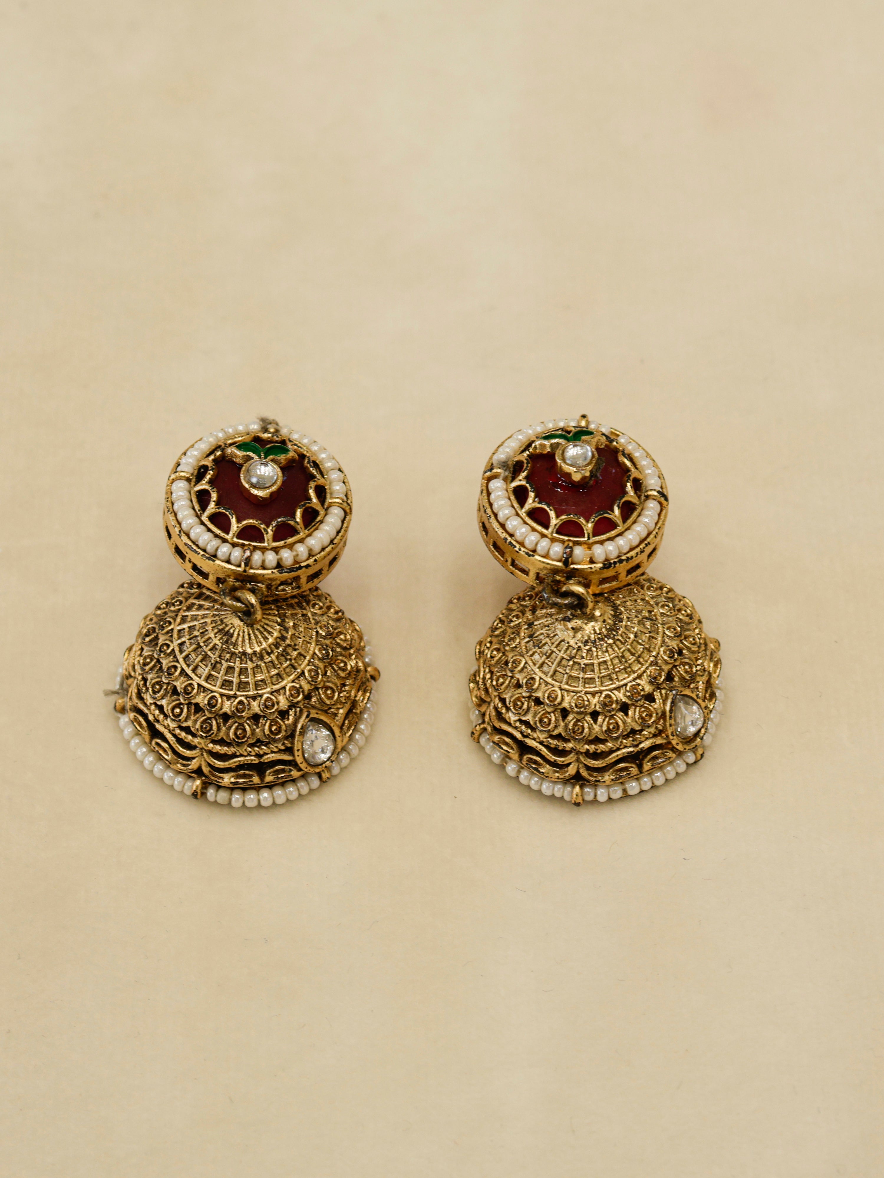 Aanura Long Temple Necklace Set with Green & Red Stones