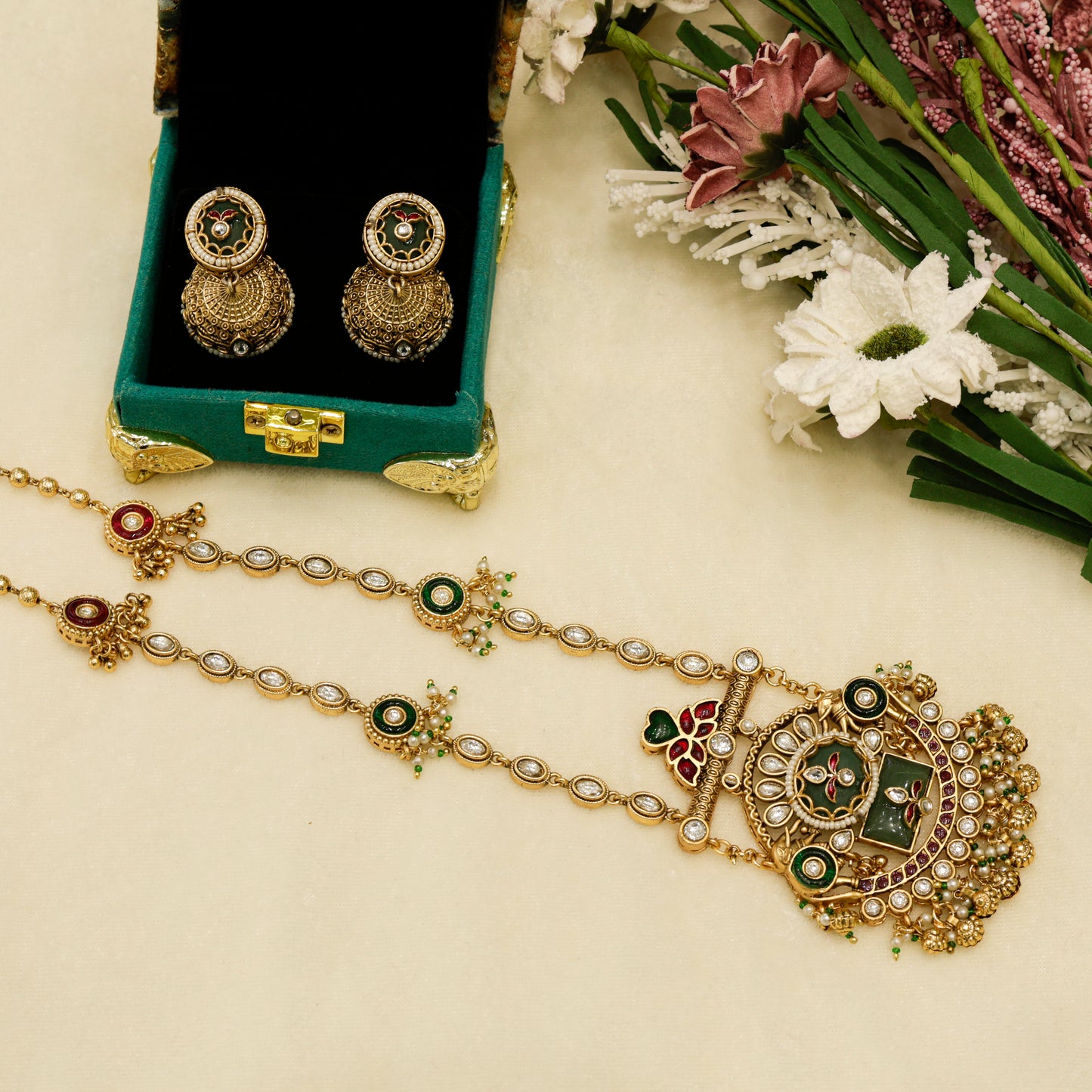 Aanura Long Temple Necklace Set with Green & Red Stones