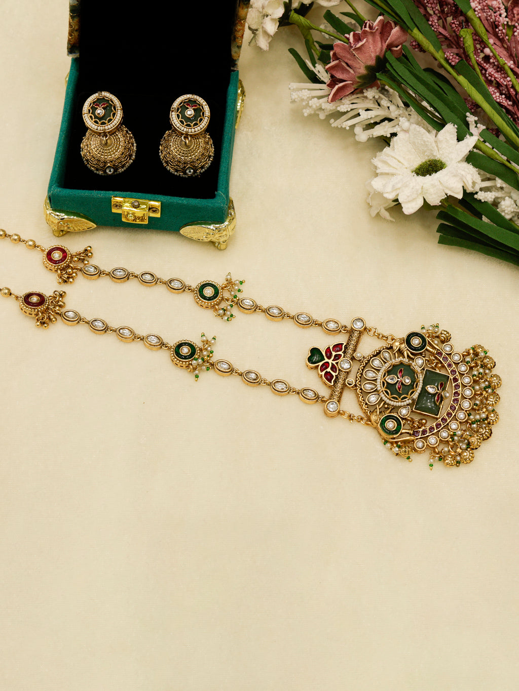 Aanura Long Temple Necklace Set with Green & Red Stones