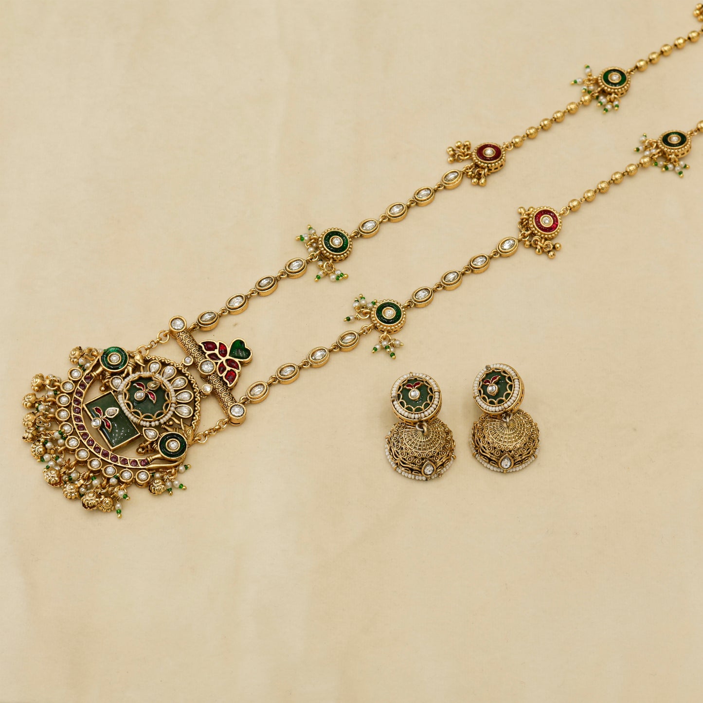 Aanura Long Temple Necklace Set with Green & Red Stones