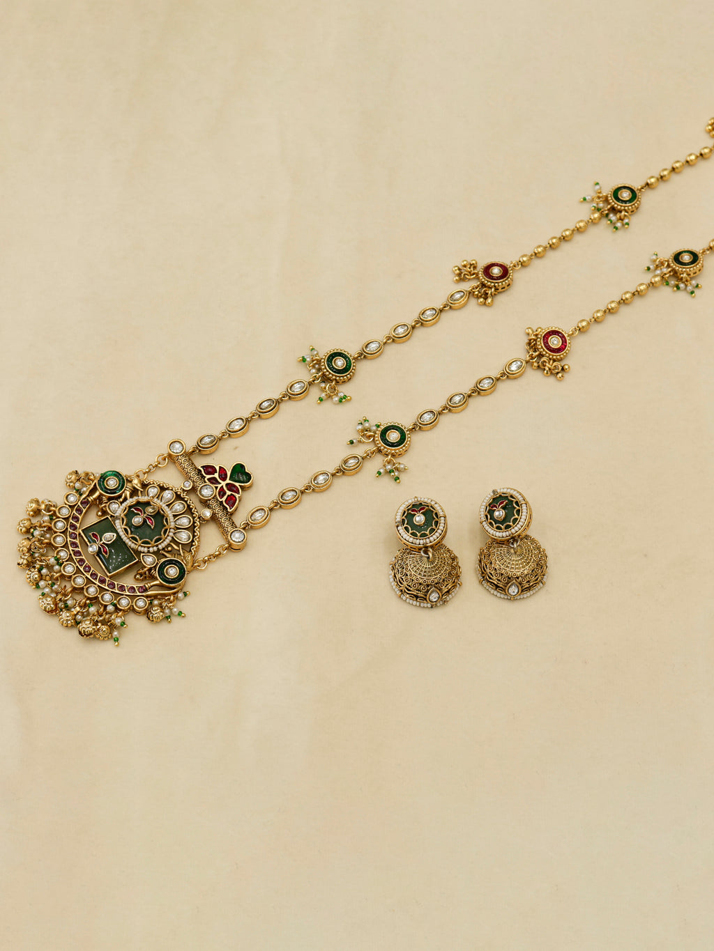 Aanura Long Temple Necklace Set with Green & Red Stones