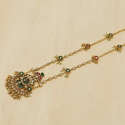 Aanura Long Temple Necklace Set with Green & Red Stones