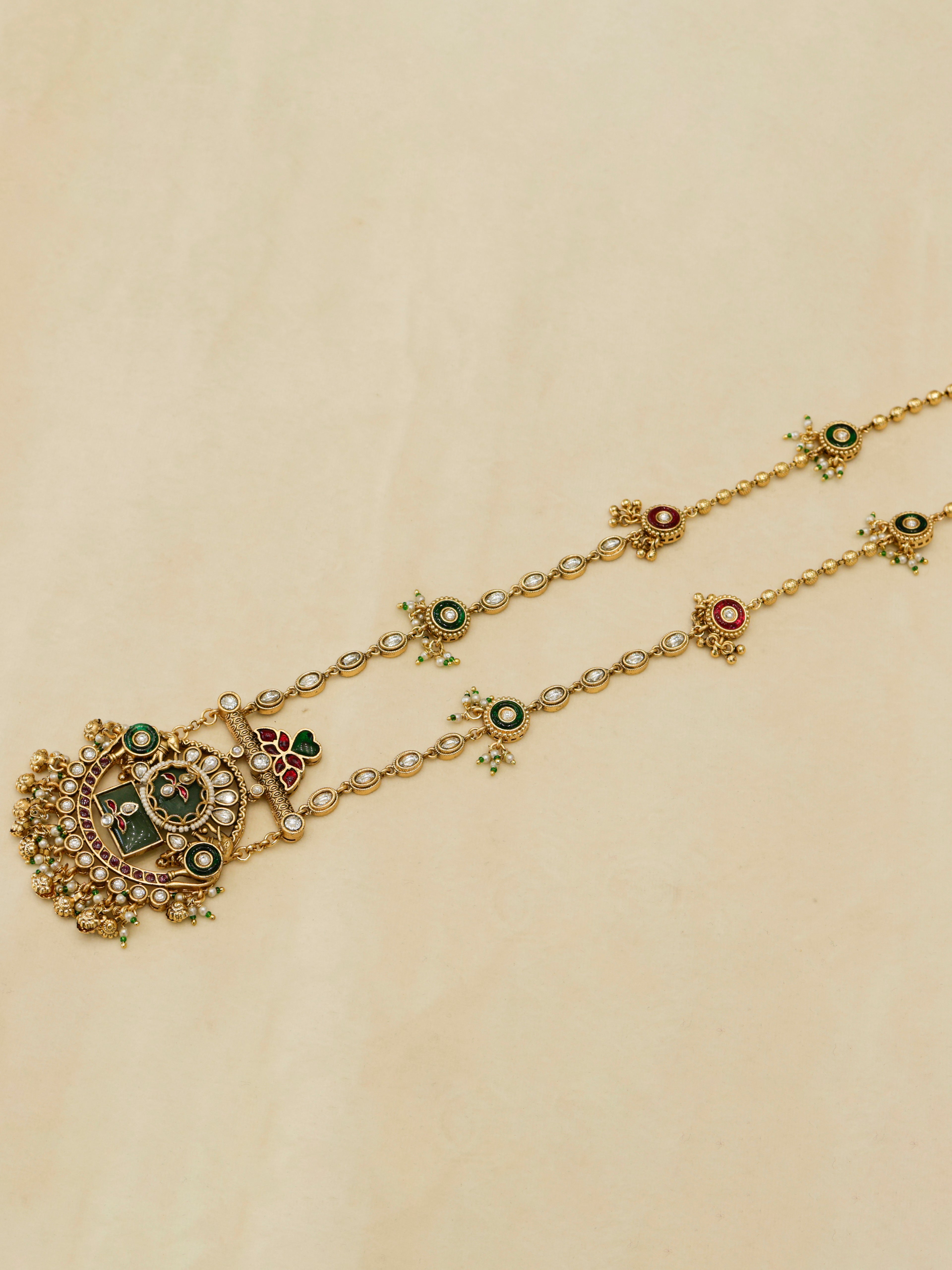 Aanura Long Temple Necklace Set with Green & Red Stones