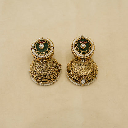 Aanura Long Temple Necklace Set with Green & Red Stones