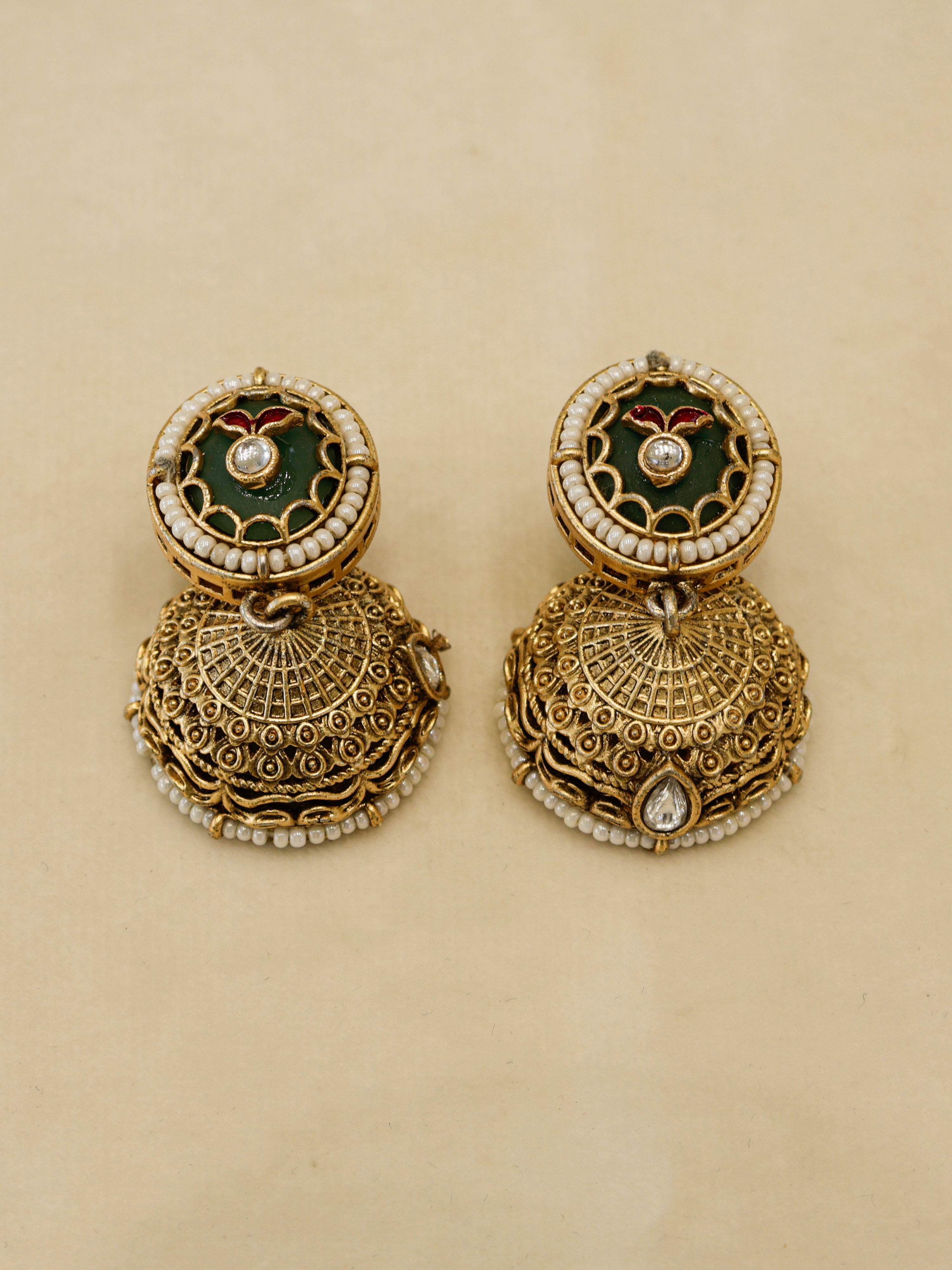 Aanura Long Temple Necklace Set with Green & Red Stones