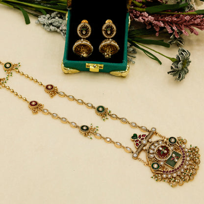 Aanura Long Temple Necklace Set with Green & Red Stones